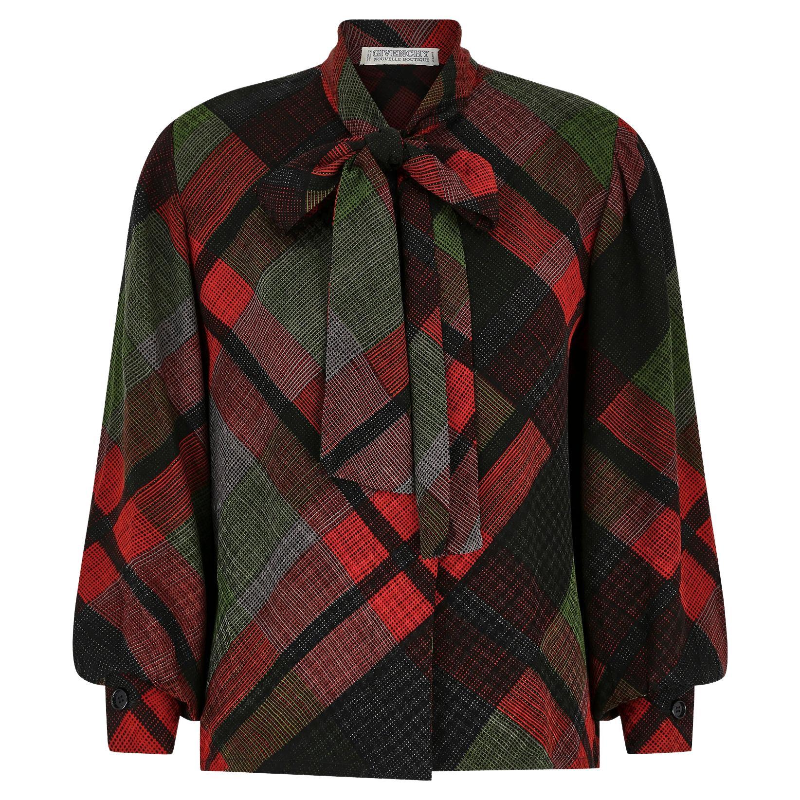 1970s Givenchy Novelle Boutique Red and Green Plaid Blouse For Sale