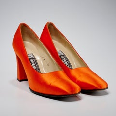 1970s Givenchy Paris Orange Silk Satin Block Heel Pumps, Interlocking GG Logo