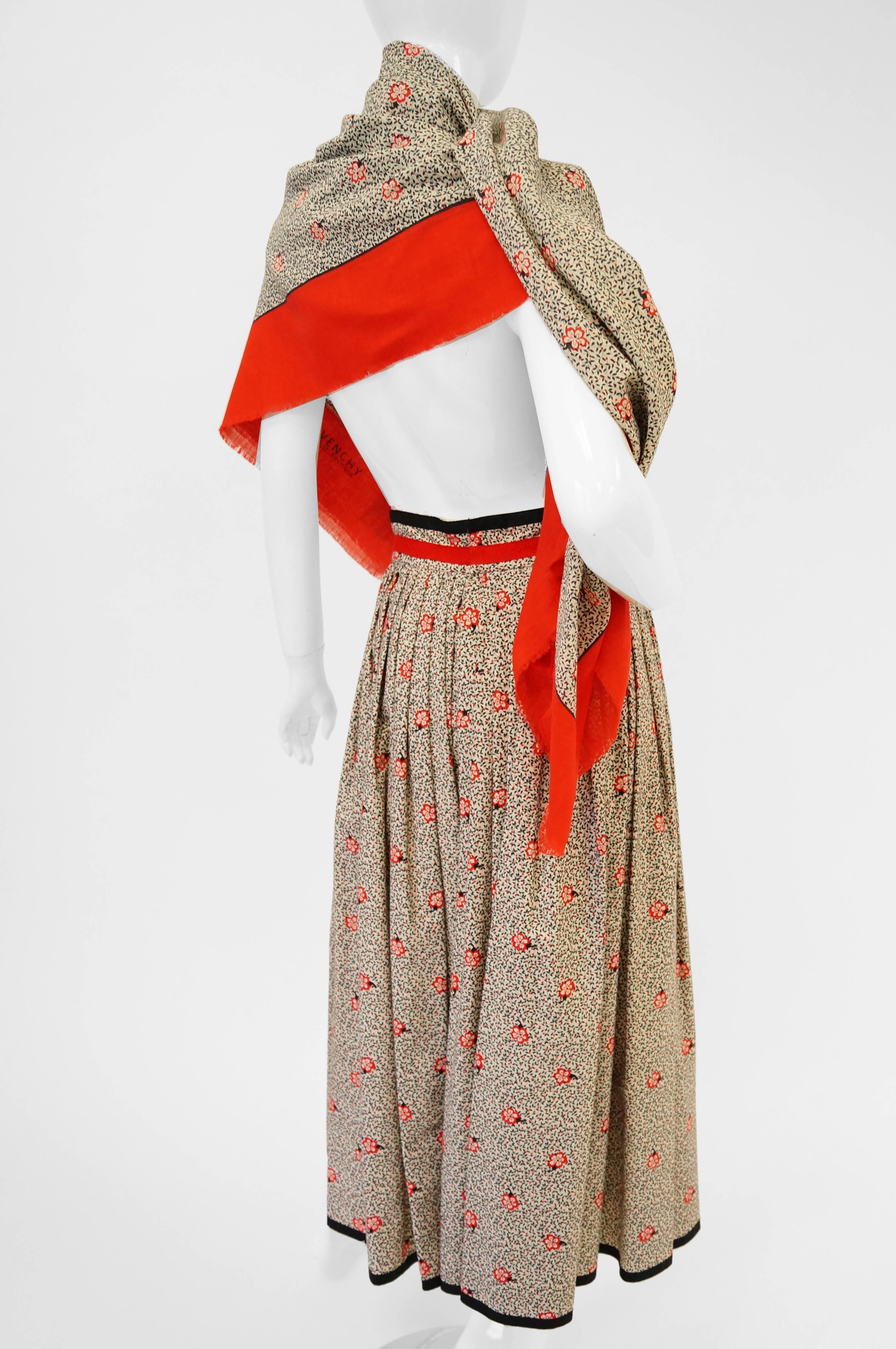 1970s Givenchy Red and Black Floral Midi Skirt and Shawl 5
