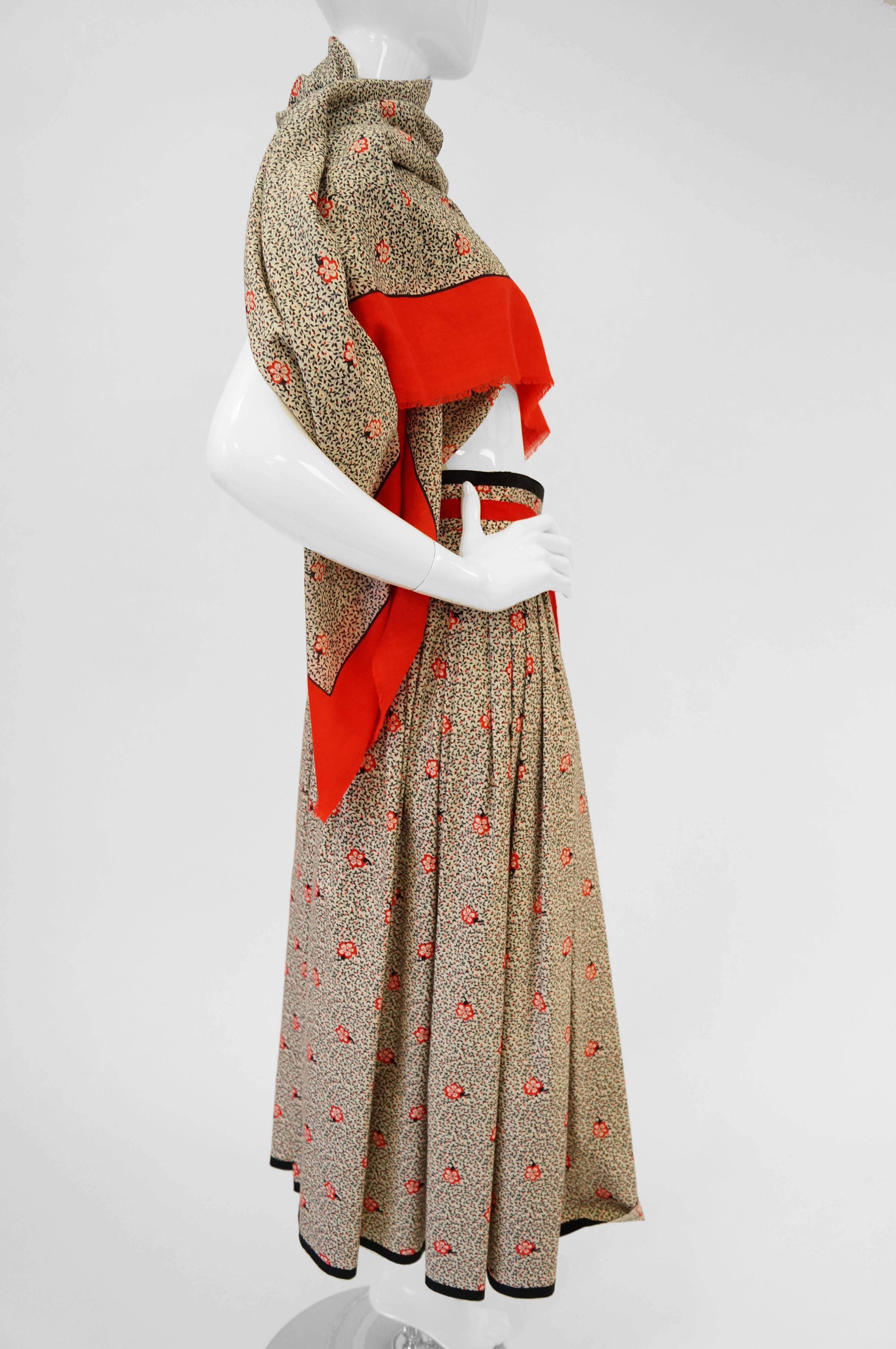1970s Givenchy Red and Black Floral Midi Skirt and Shawl 6