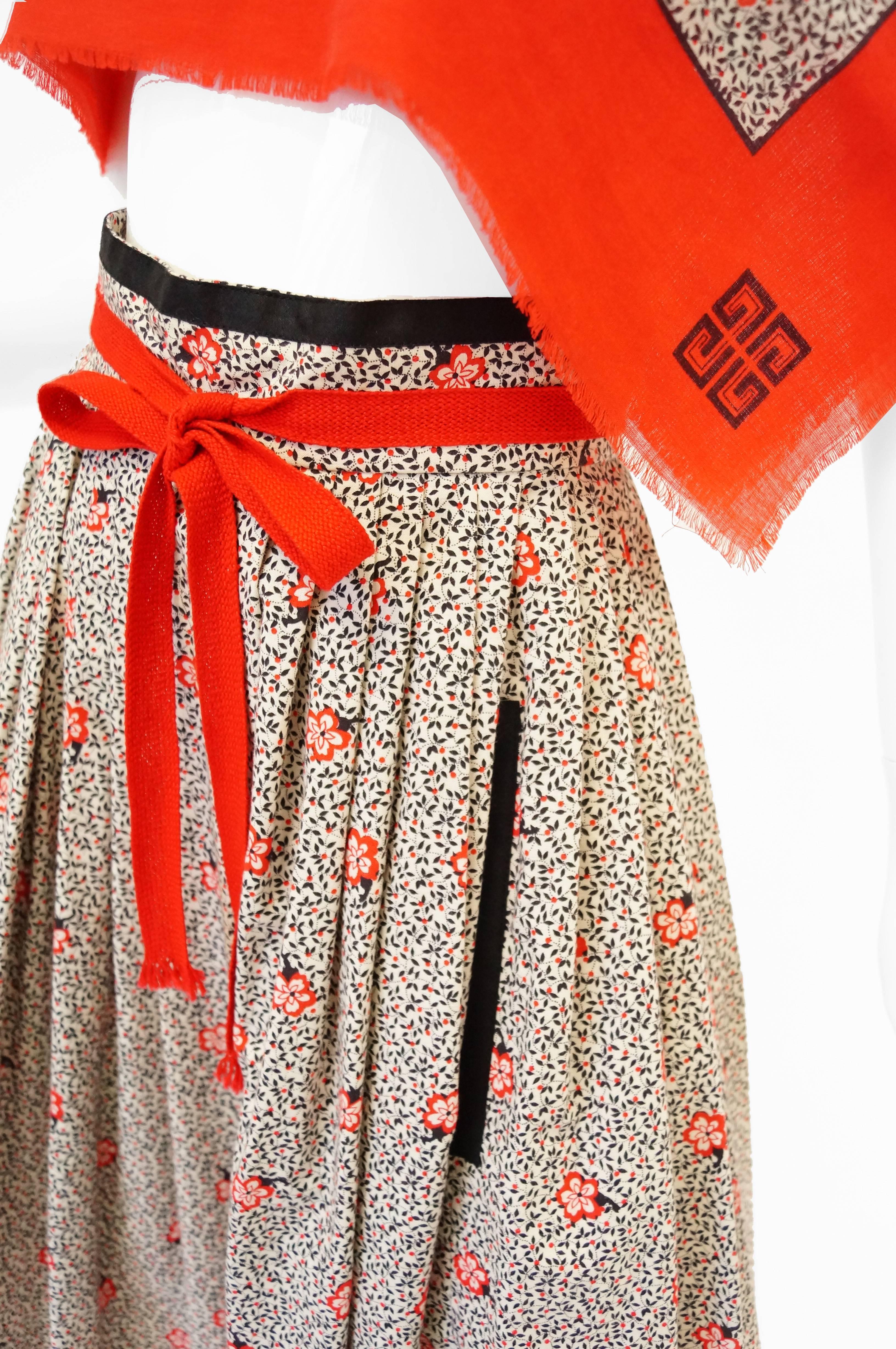Brown 1970s Givenchy Red and Black Floral Midi Skirt and Shawl