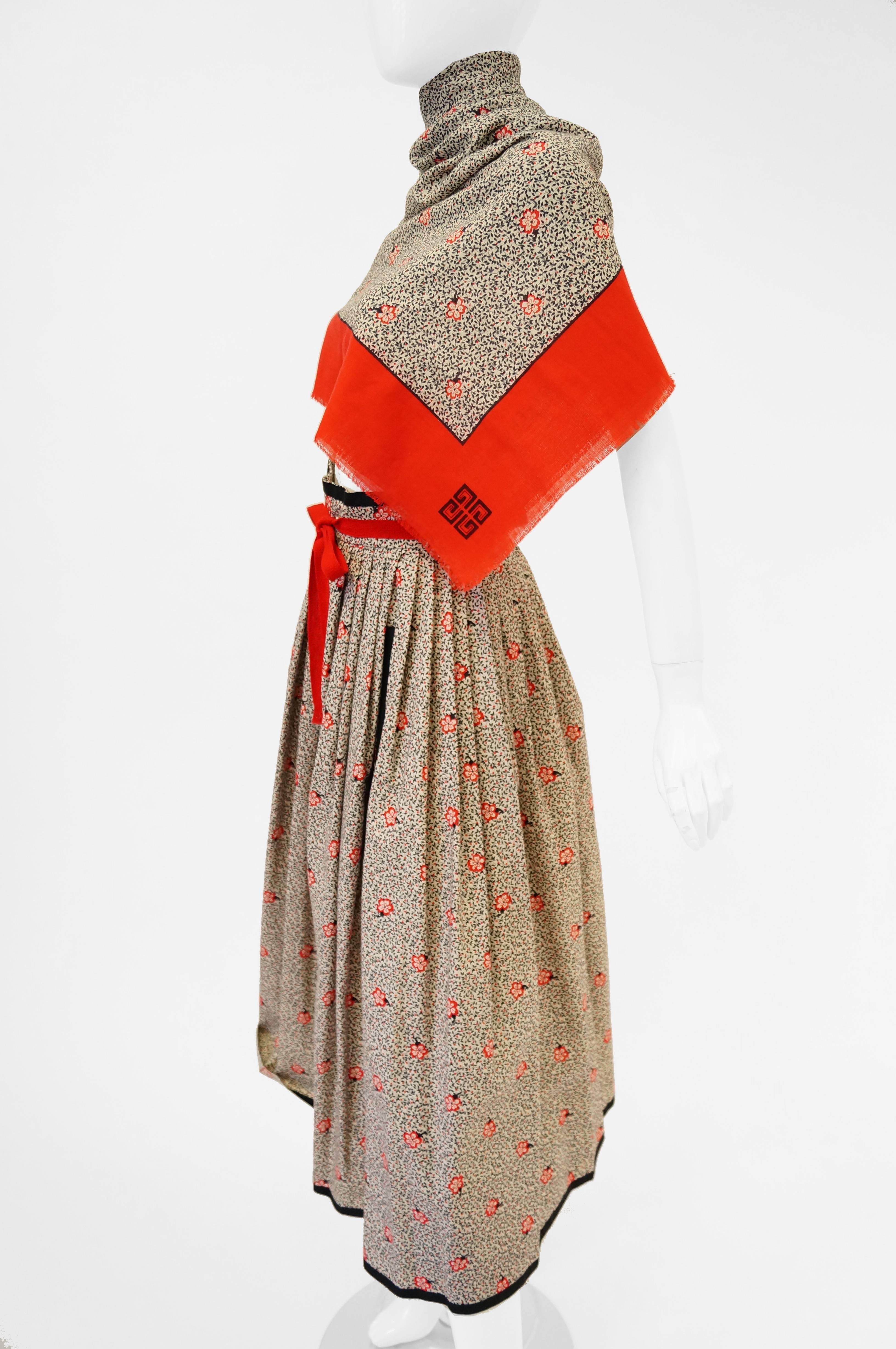 1970s Givenchy Red and Black Floral Midi Skirt and Shawl 1