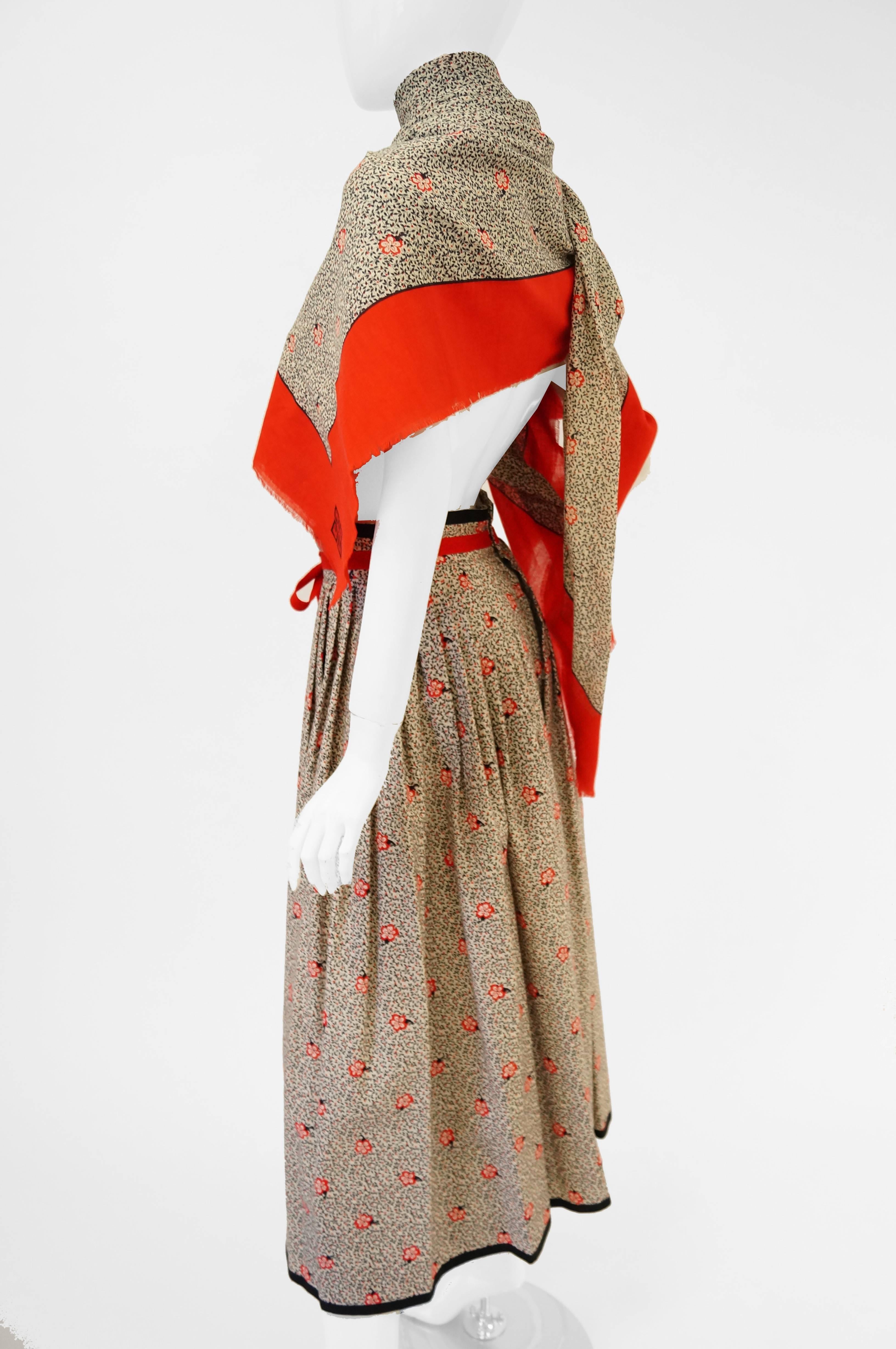 1970s Givenchy Red and Black Floral Midi Skirt and Shawl 2