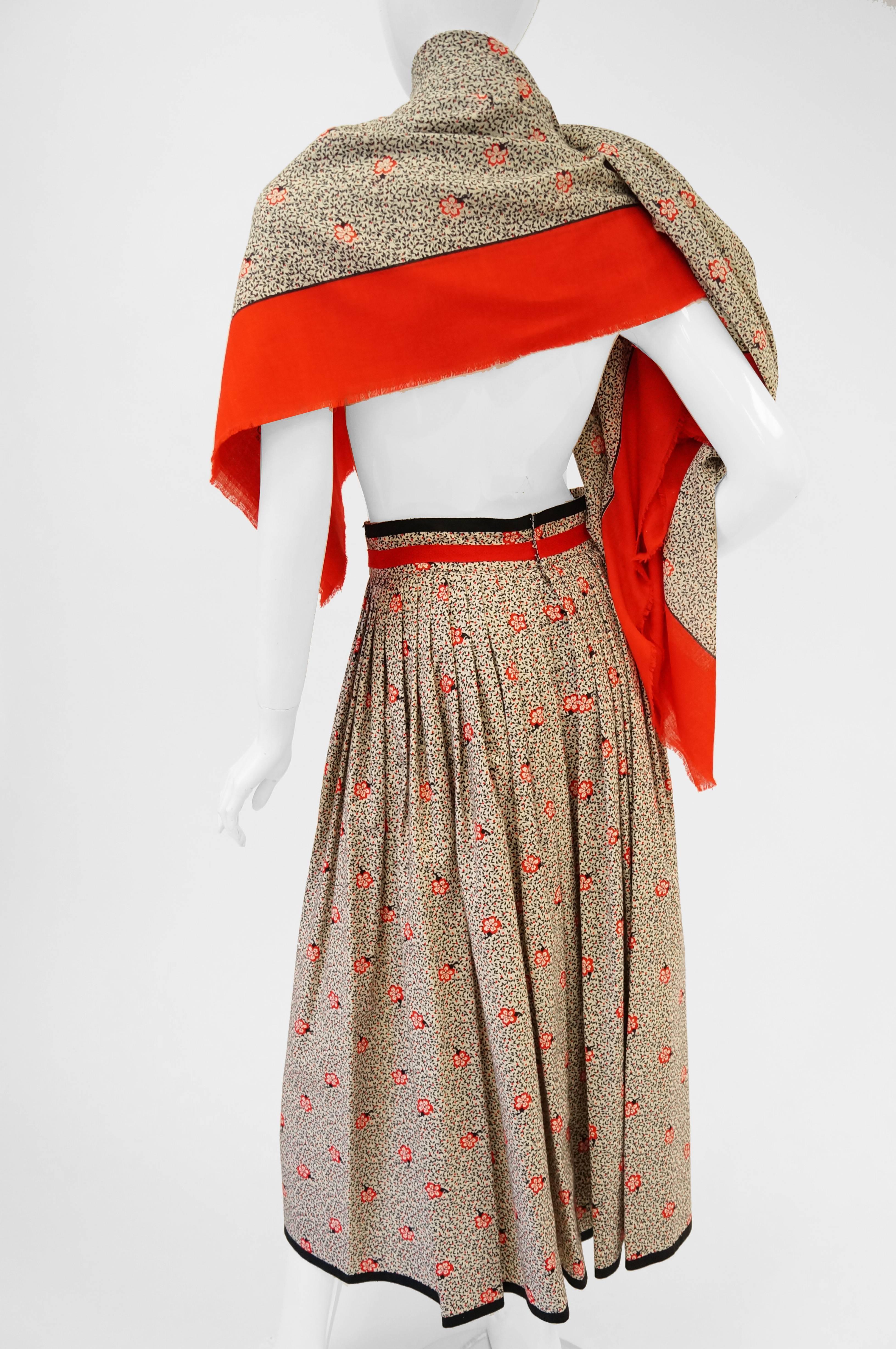 1970s Givenchy Red and Black Floral Midi Skirt and Shawl 3