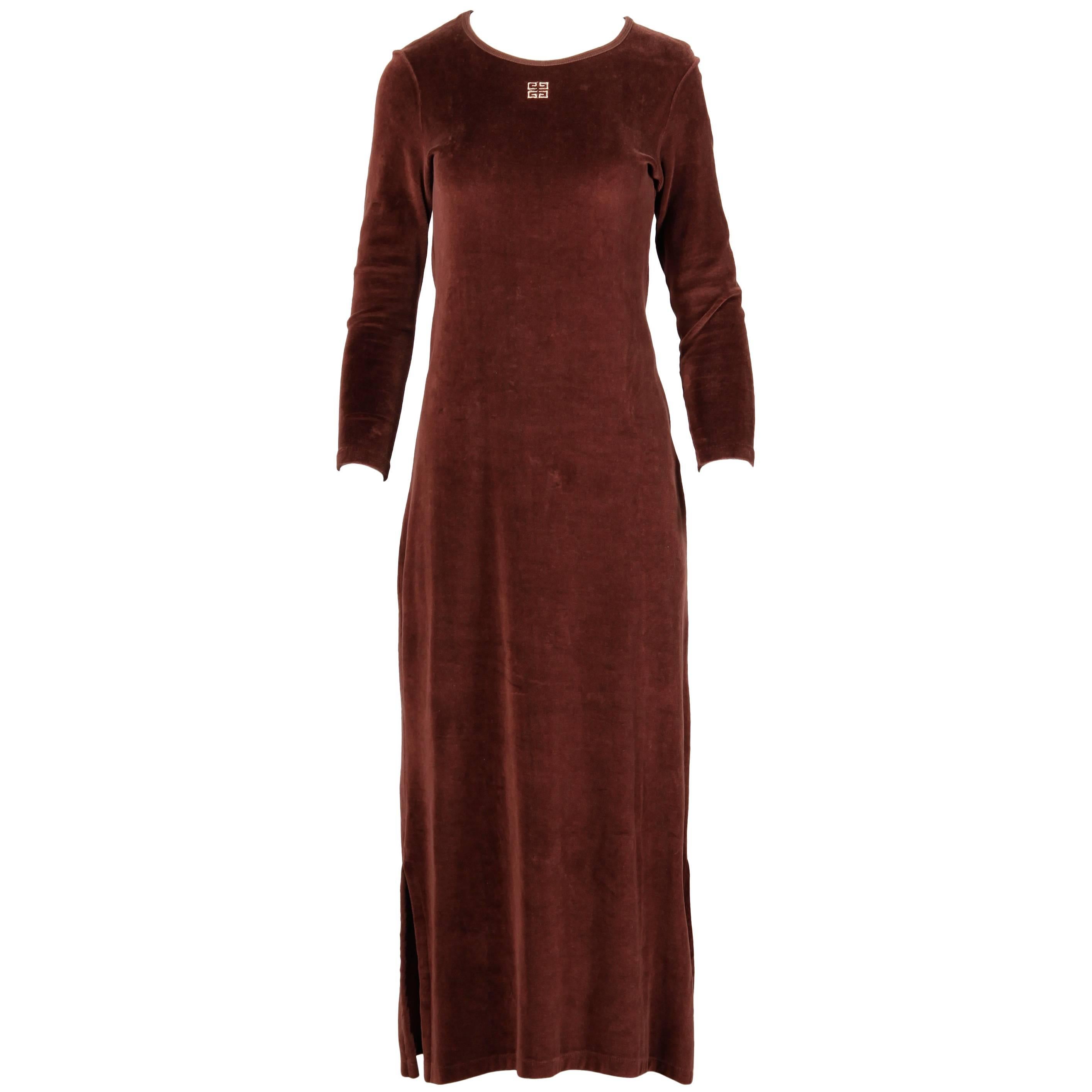 1970s Givenchy Vintage Brown Velour Maxi Dress with Embroidered Logo 1