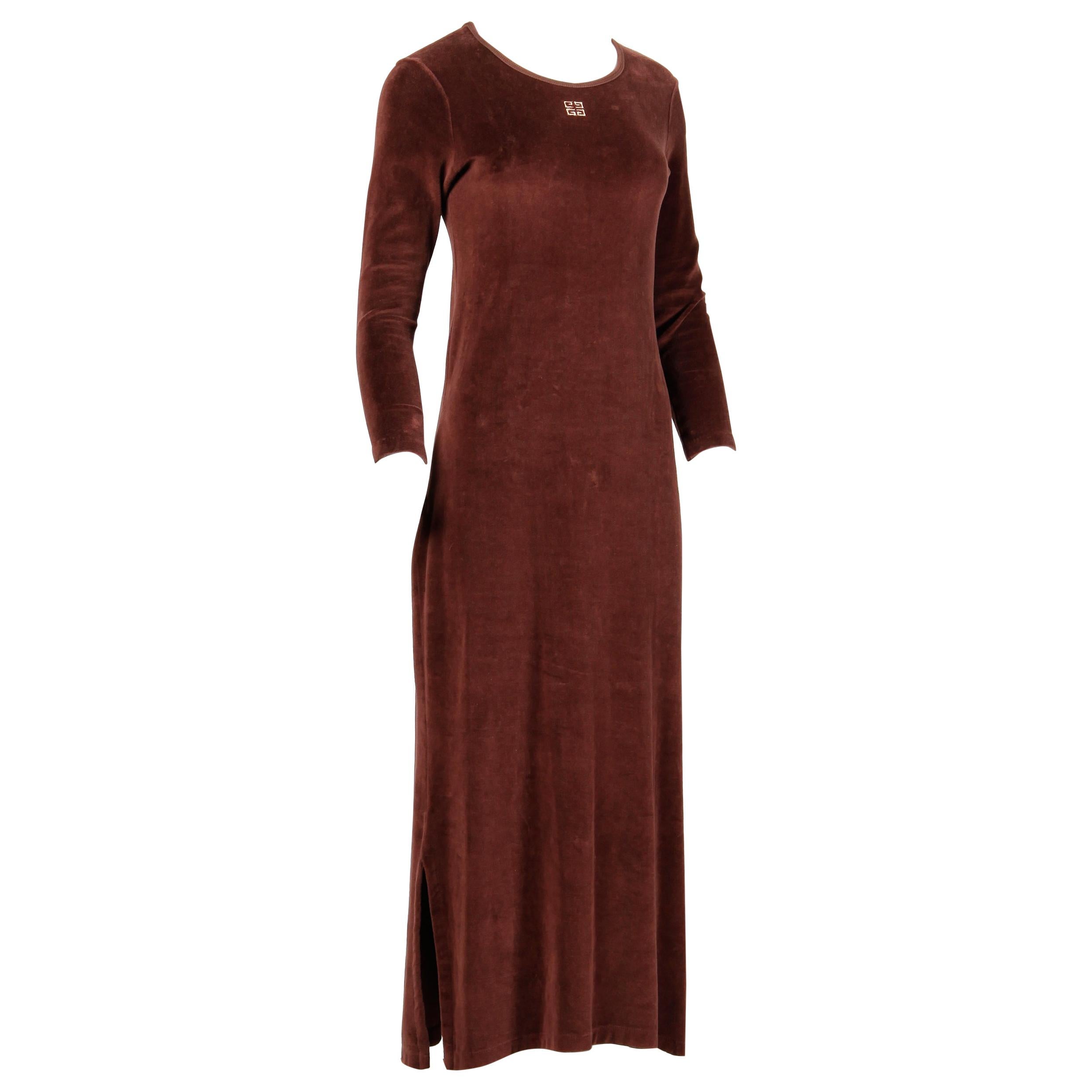 1970s Givenchy Vintage Brown Velour Maxi Dress with Embroidered Logo