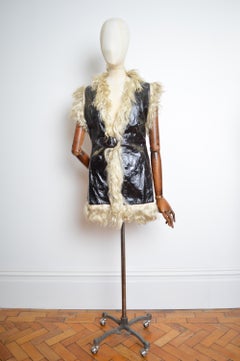 1970s Glam Rock Afghan Patent black Leather & Goat hair Gilet - vest