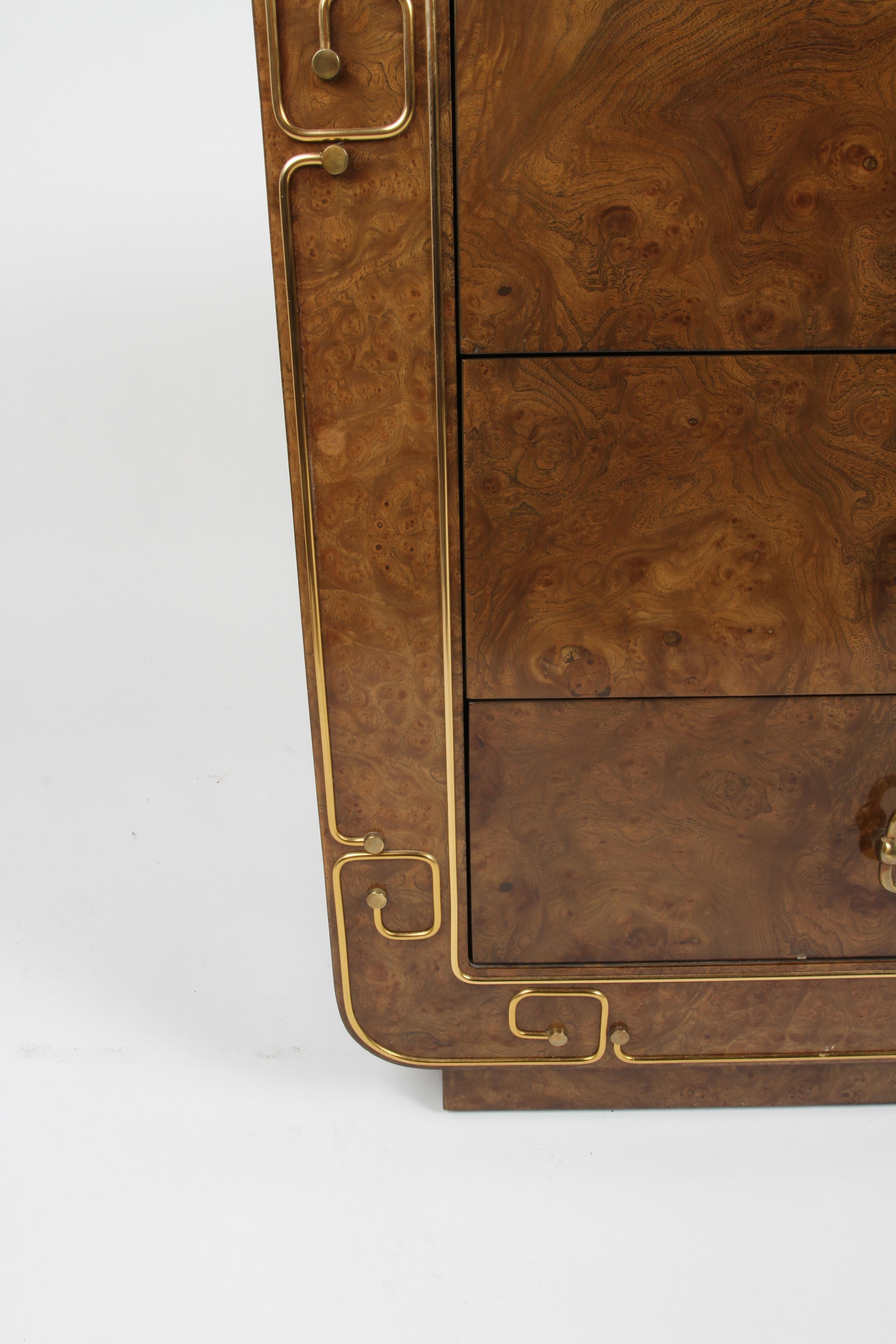 Late 20th Century 1970s Glamours Mastercraft 9 Drawer Dresser Burled Elm Brass Inlaid - Greek Key  For Sale