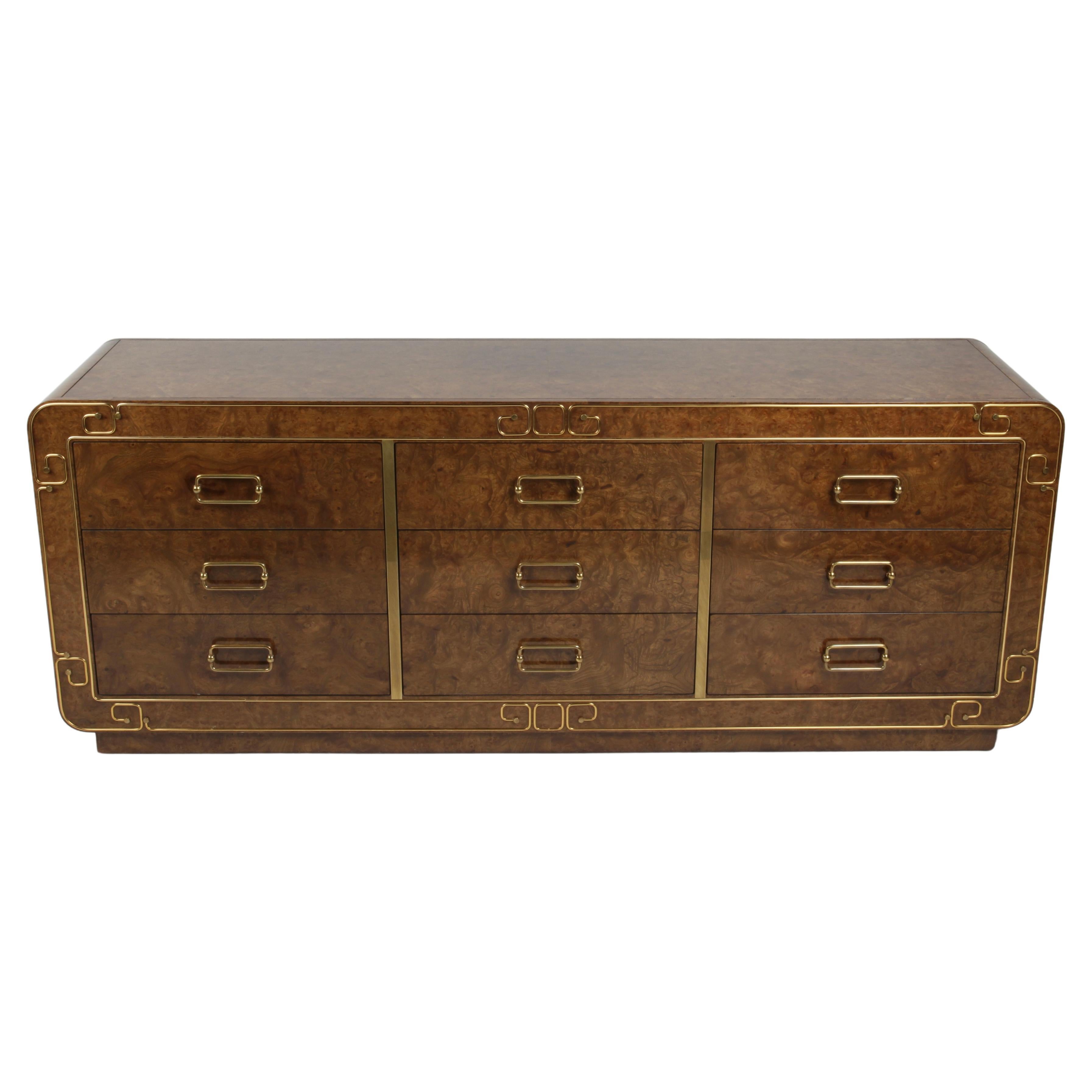 1970s Glamours Mastercraft 9 Drawer Dresser Burled Elm Brass Inlaid - Greek Key