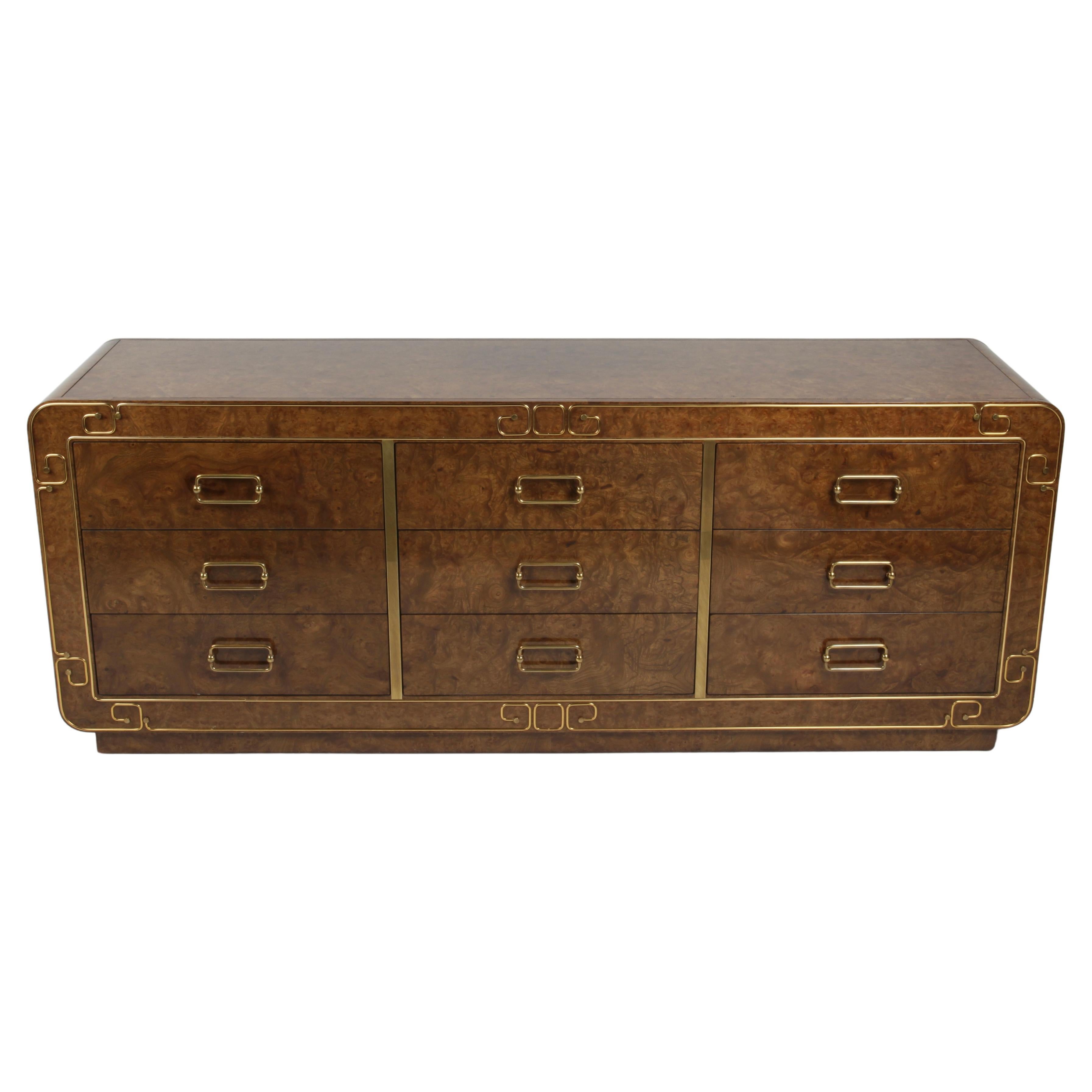 1970s Glamours Mastercraft 9 Drawer Dresser Burled Elm Brass Inlaid - Greek Key  For Sale