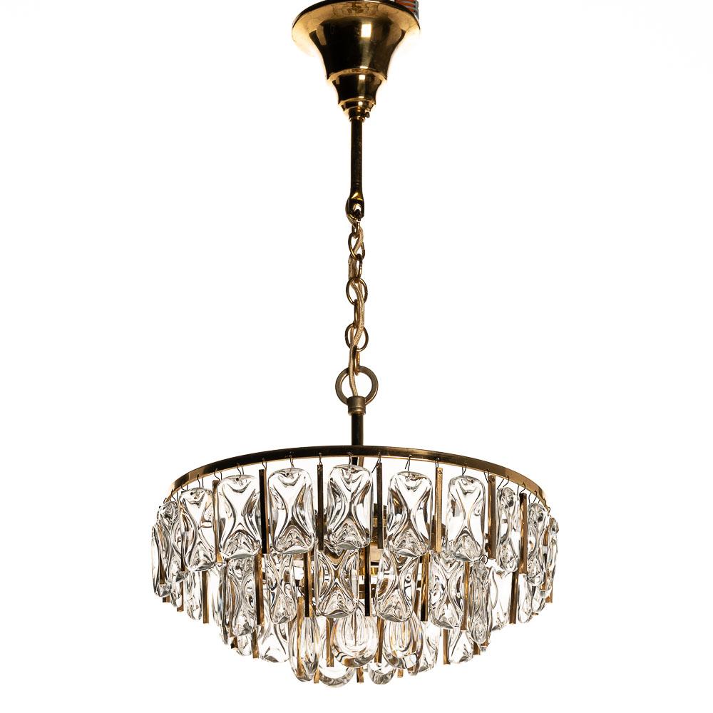 German 1970's Glass and Brass Chandelier Attributed to Palwa For Sale
