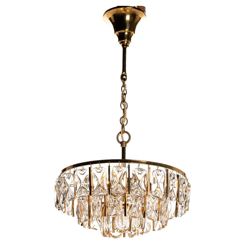 1970's Glass and Brass Chandelier Attributed to Palwa For Sale