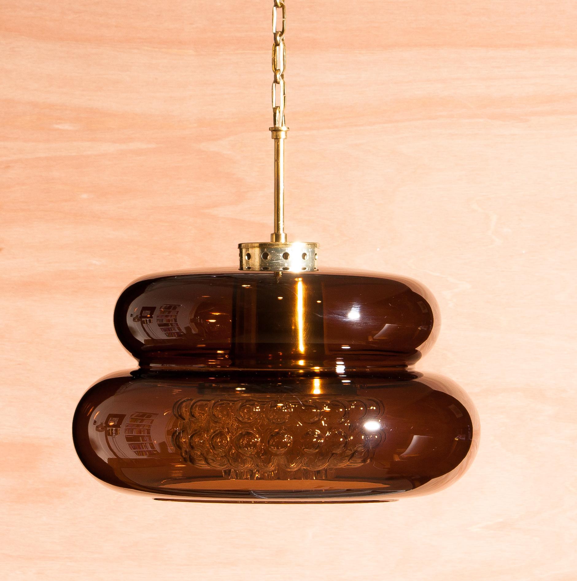 1970s, Glass and Brass Pendant 'Bubblan' by Carl Fagerlund for Orrefors In Excellent Condition In Silvolde, Gelderland