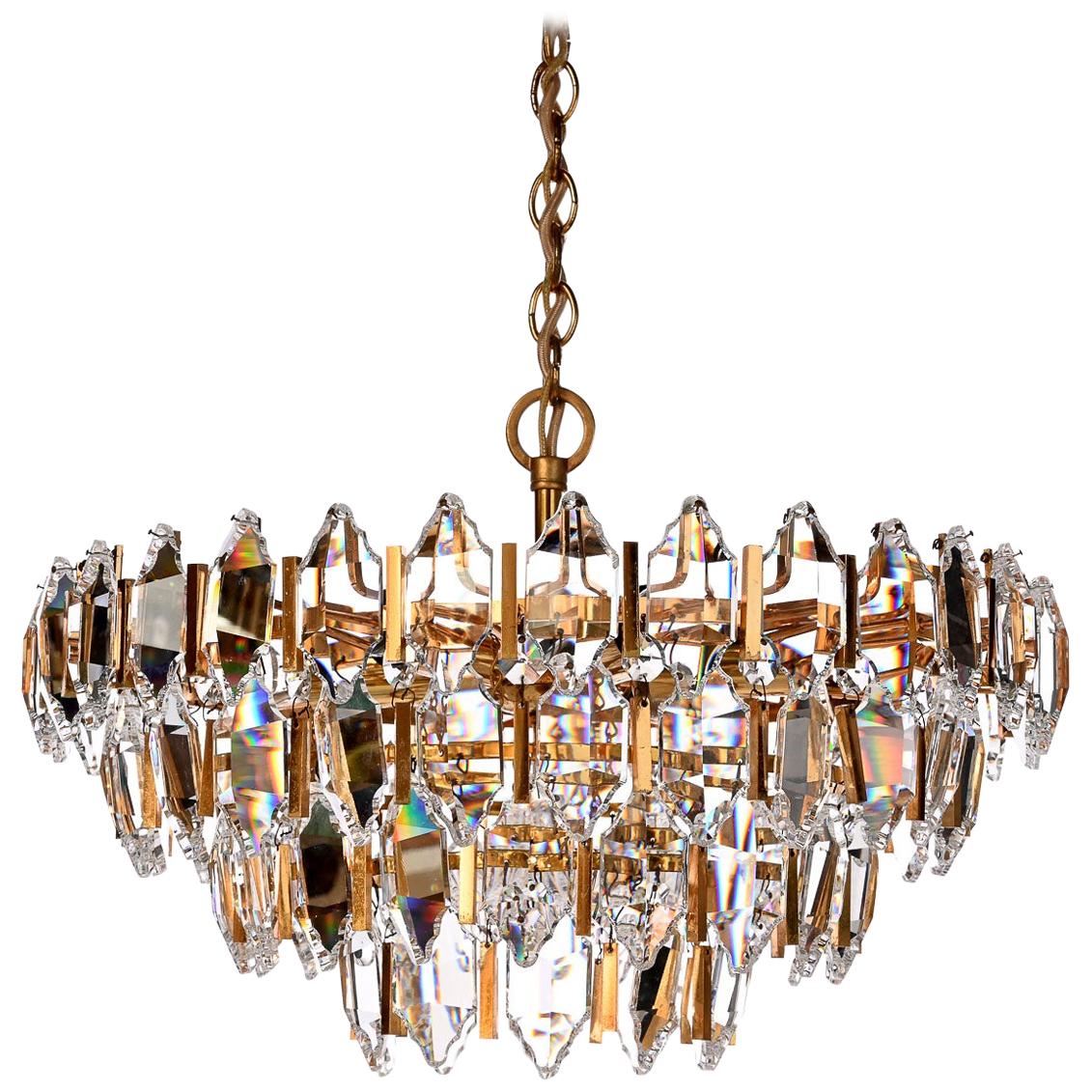 1970s Glass and Brass-Plated Steel Chandelier Attributed to Palwa For Sale