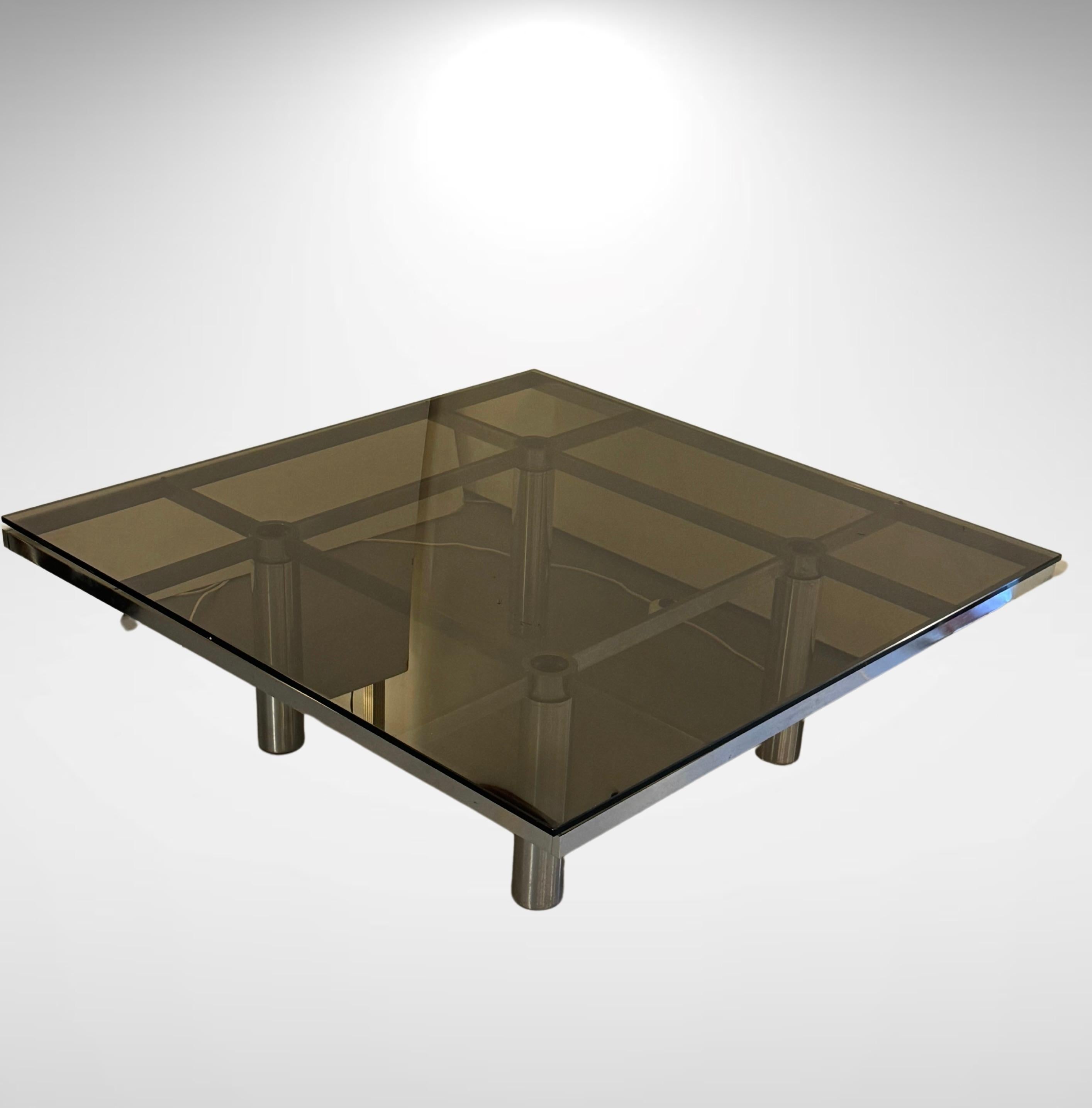 Italian 1970s Glass and Polished Steel Low Coffee Table by Tobia Scarpa for Gavina