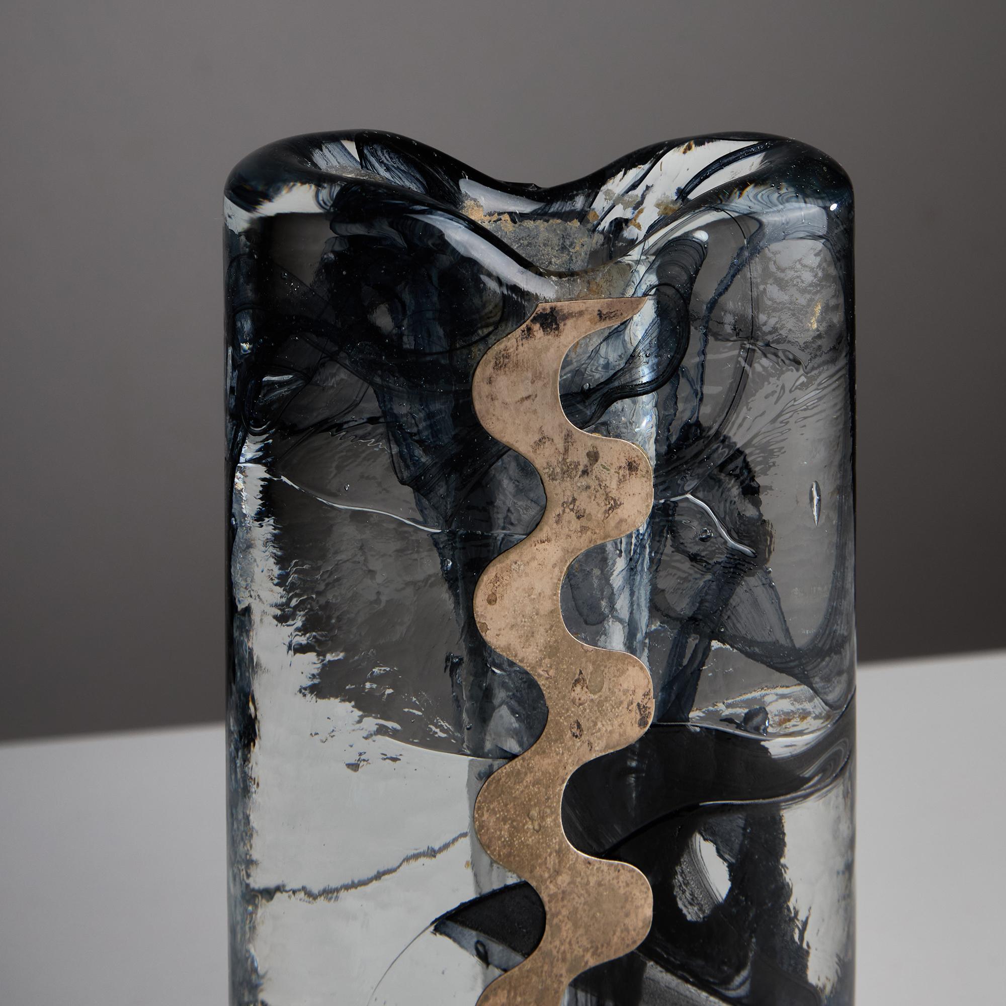 Argento Vaso in vetro e argento degli anni '70 di Claude Cuny per Cassetti Firenze in vendita