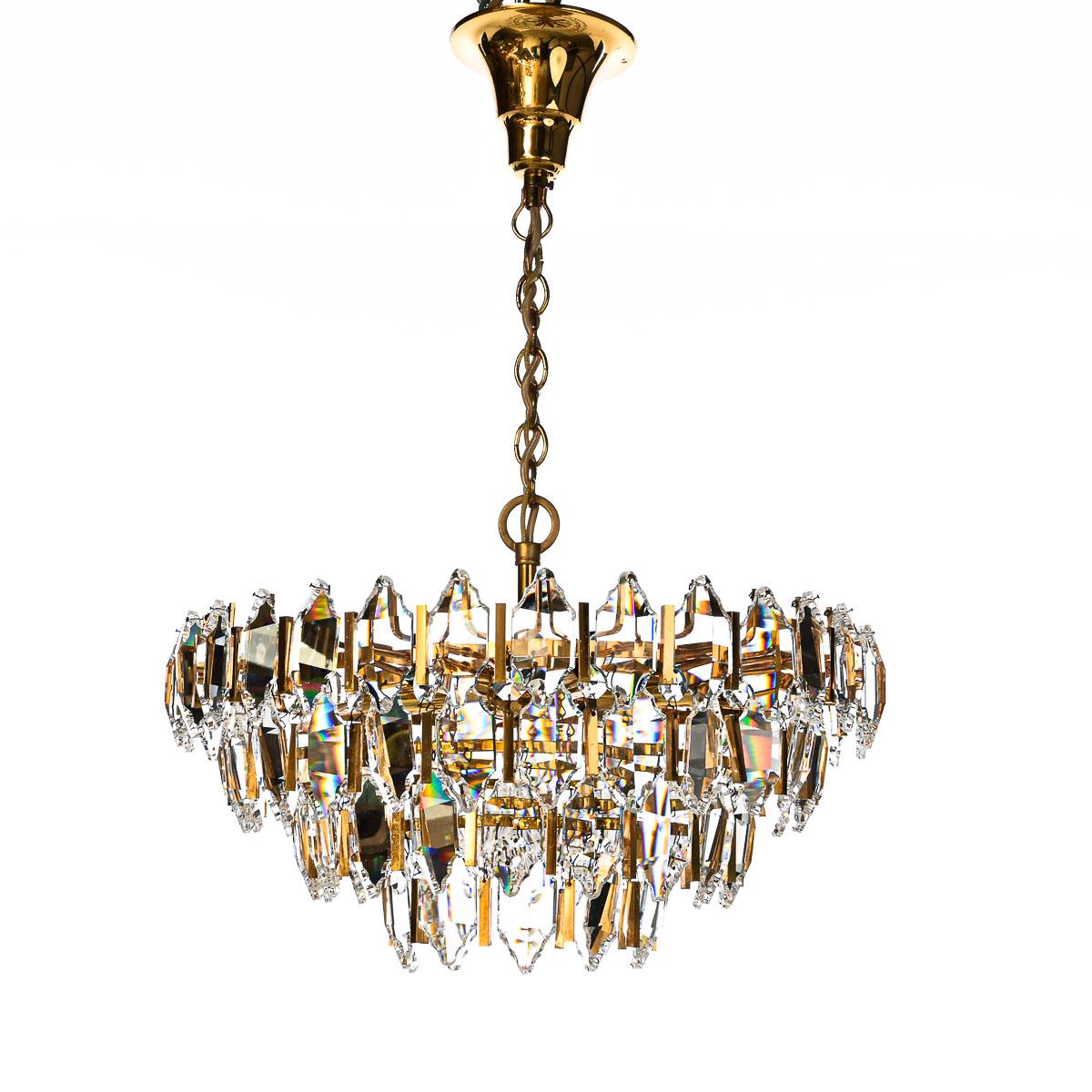 Mid-Century Modern 1970s Glass and Brass-Plated Steel Chandelier Attributed to Palwa For Sale