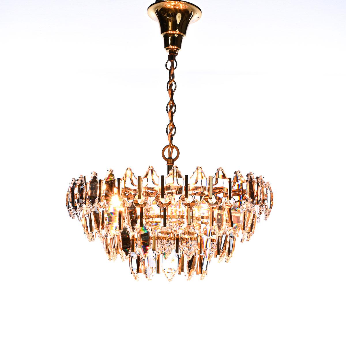 German 1970s Glass and Brass-Plated Steel Chandelier Attributed to Palwa For Sale