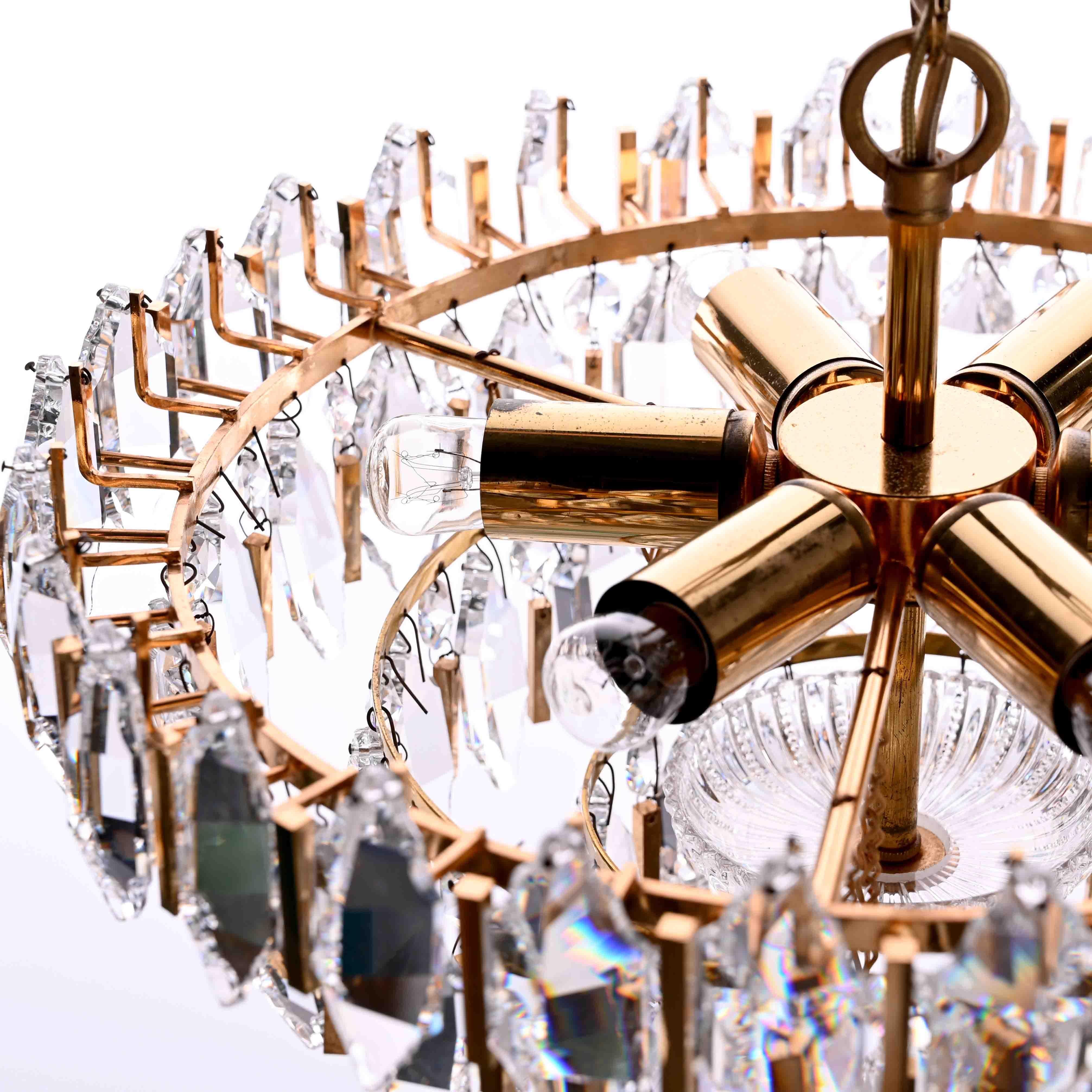 20th Century 1970s Glass and Brass-Plated Steel Chandelier Attributed to Palwa For Sale