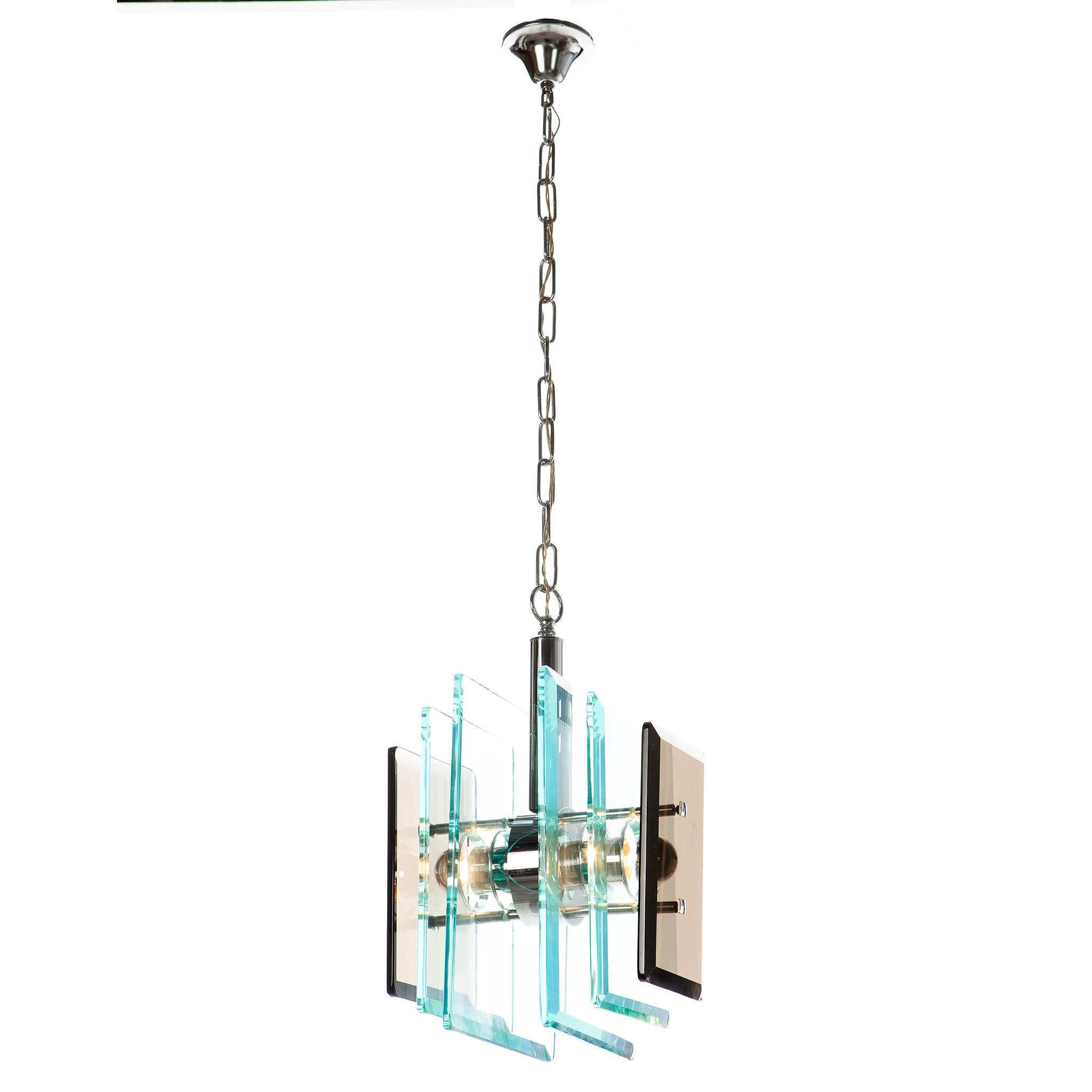 Mid-Century Modern 1970's Glass & Chrome Pendant Attributed to Veca For Sale