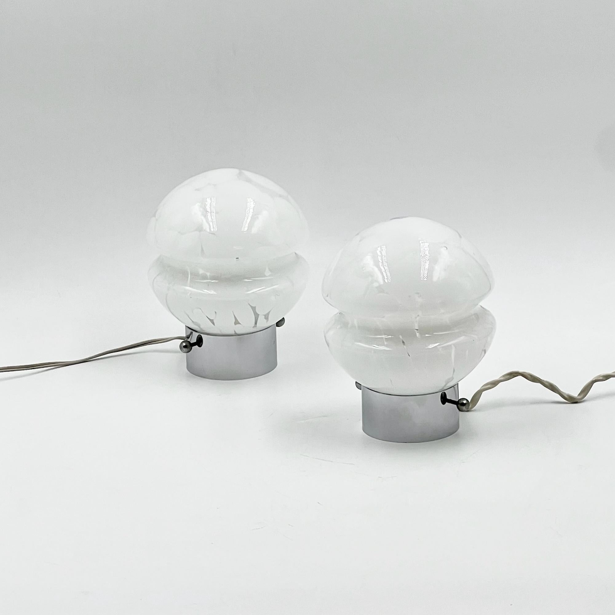 Late 20th Century 1970s Glass Lamps Pair – Mid Century with Metal Base and Opaline Patterned Glass For Sale