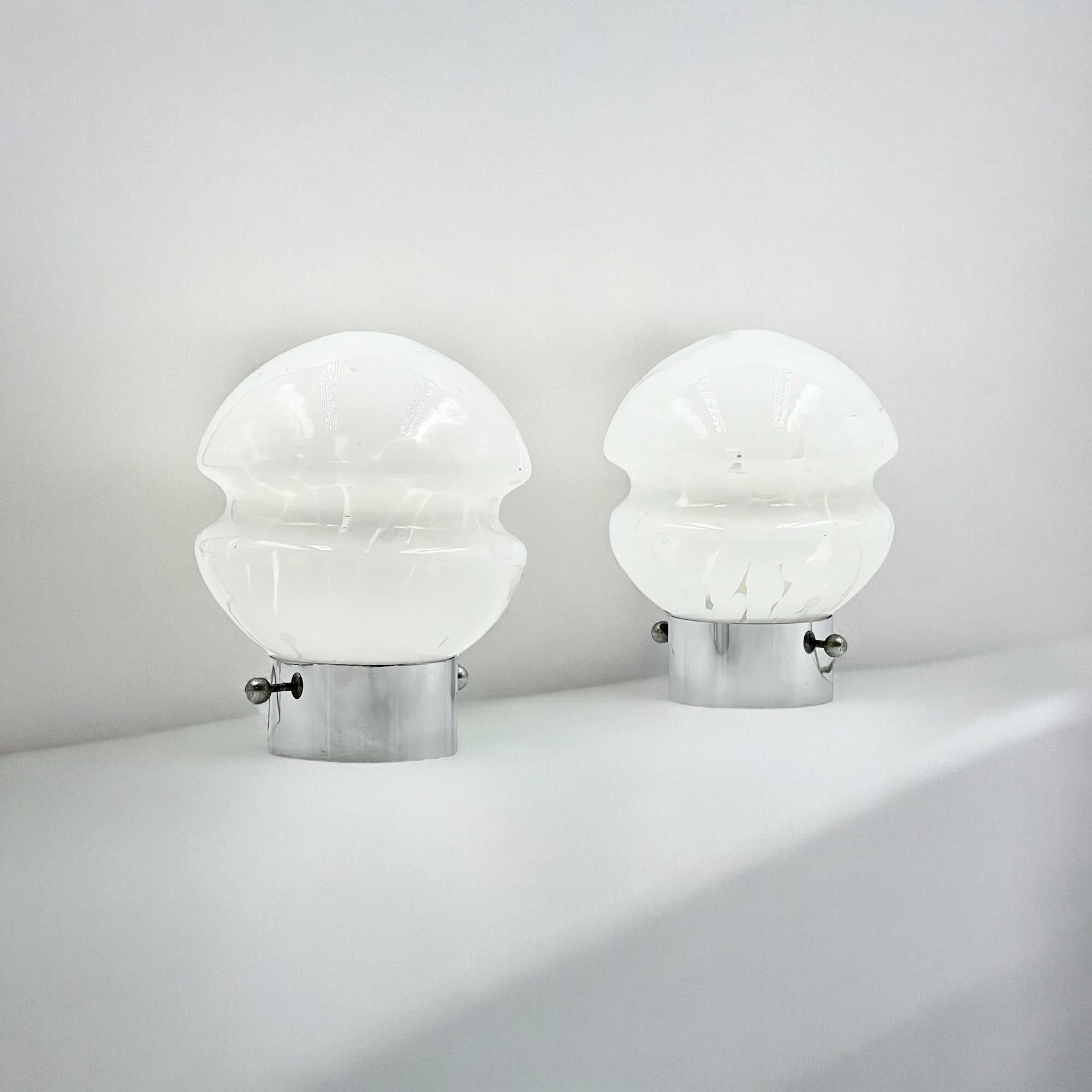 Opaline Glass 1970s Glass Lamps Pair – Mid Century with Metal Base and Opaline Patterned Glass For Sale