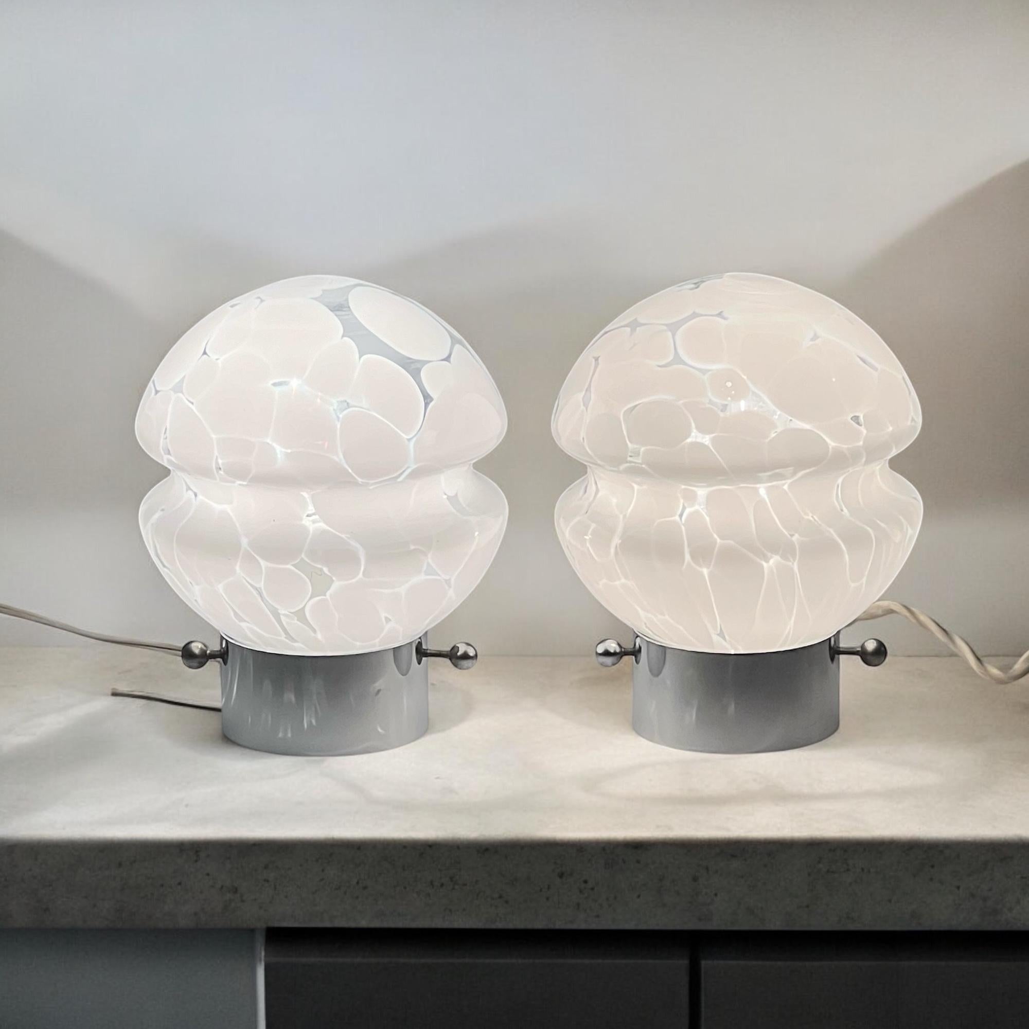1970s Glass Lamps Pair – Mid Century with Metal Base and Opaline Patterned Glass For Sale 1