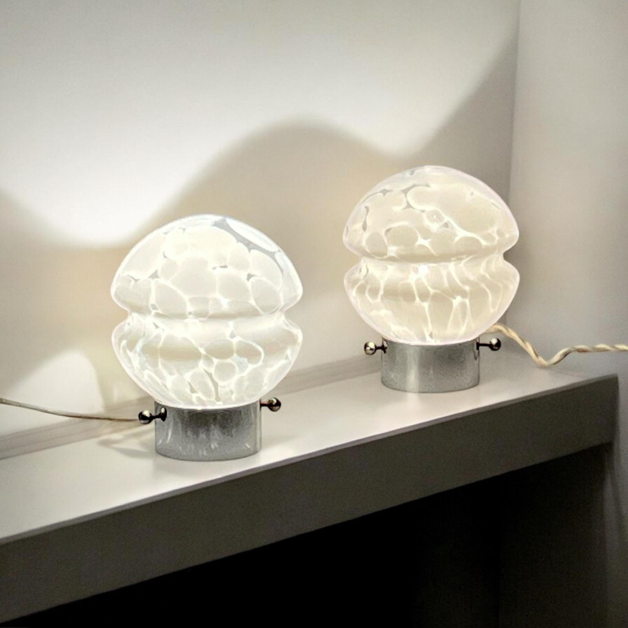 1970s Glass Lamps Pair – Mid Century with Metal Base and Opaline Patterned Glass For Sale 2