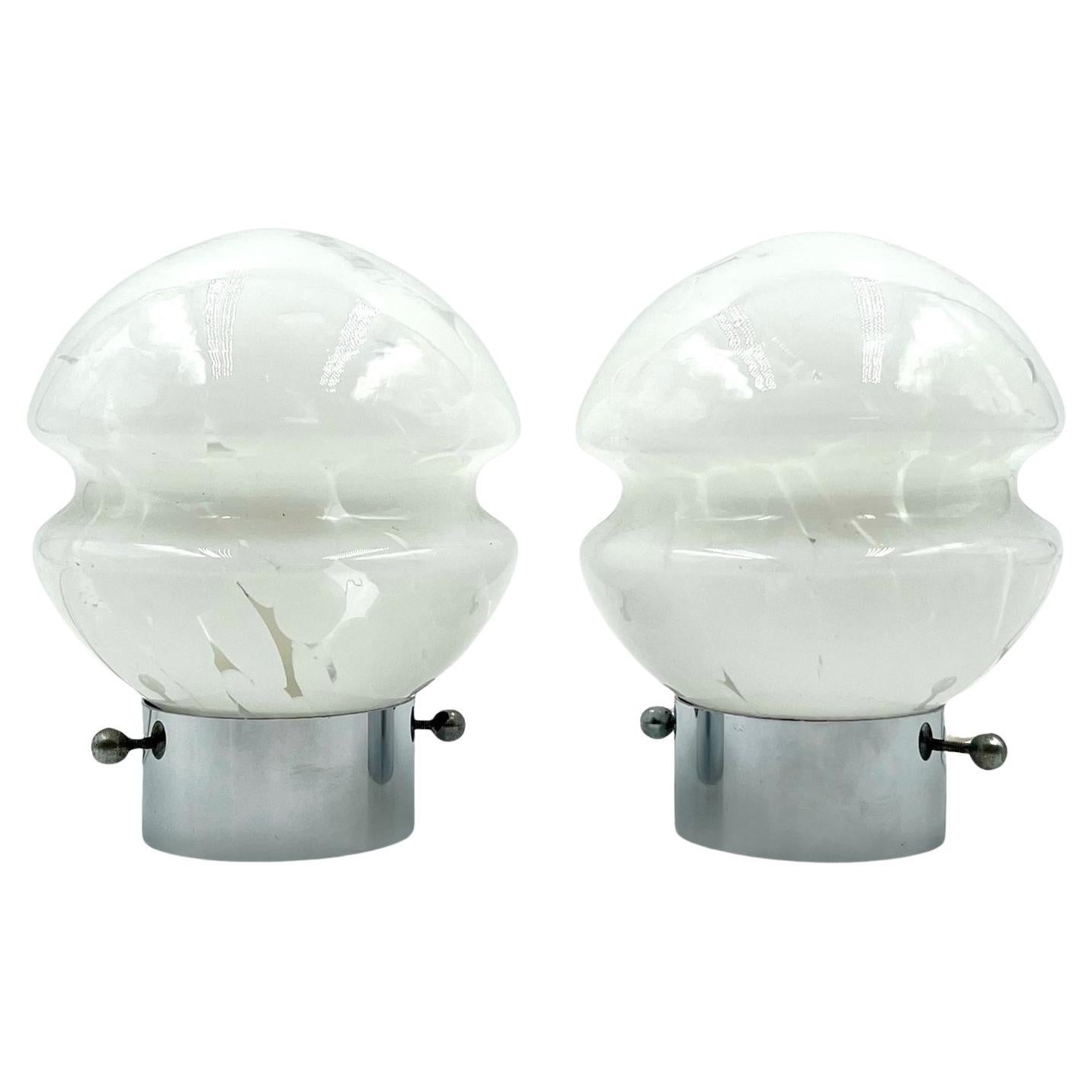 1970s Glass Lamps Pair – Mid Century with Metal Base and Opaline Patterned Glass For Sale