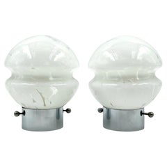 1970s Glass Lamps Pair – Mid Century with Metal Base and Opaline Patterned Glass