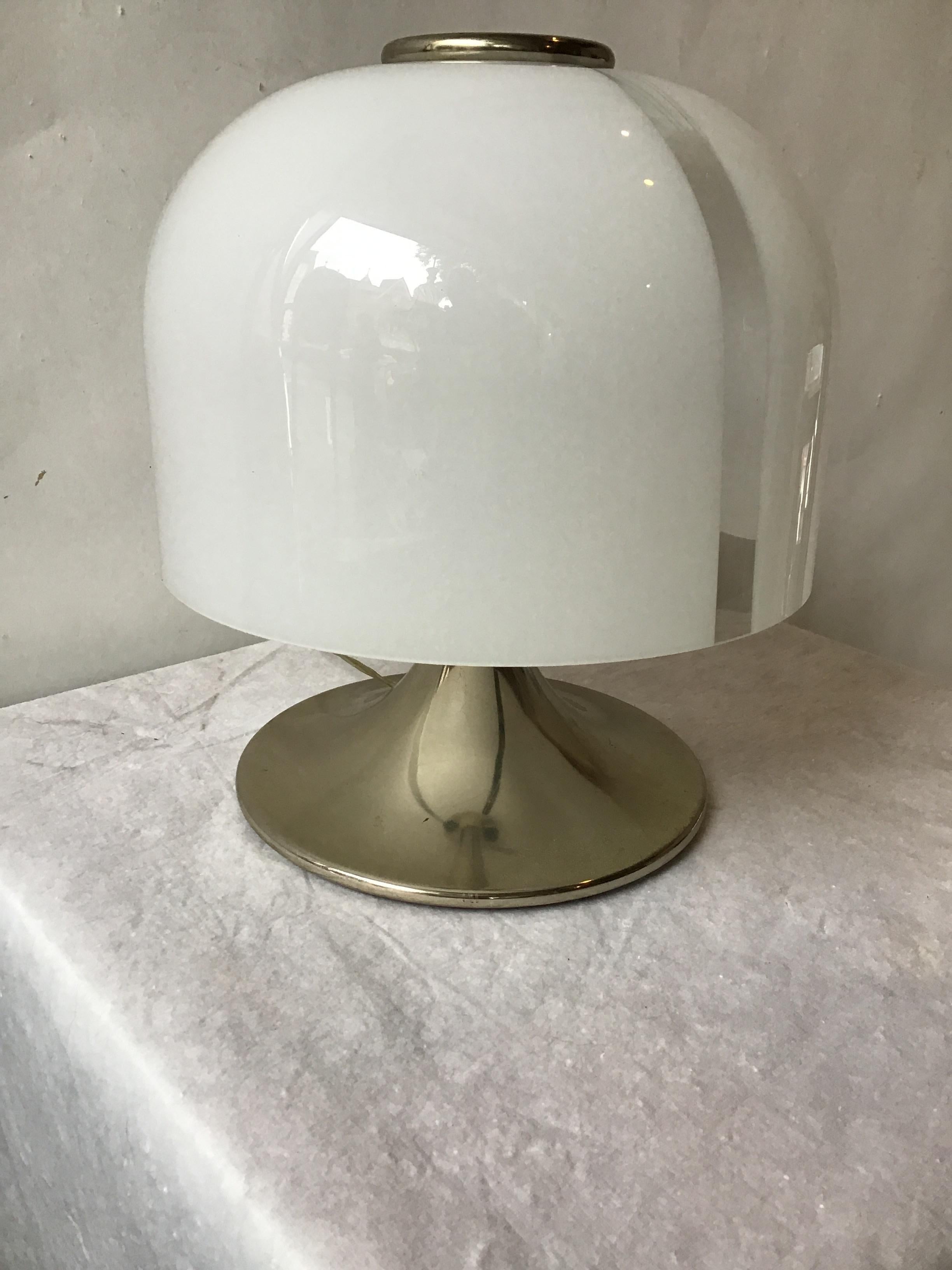 1970s glass mushroom shade lamp. Shade has clear glass stripes down the white shade.