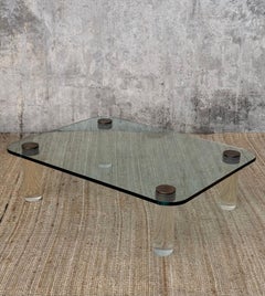 1970s Glass, Plexiglass and Brass Coffee Table