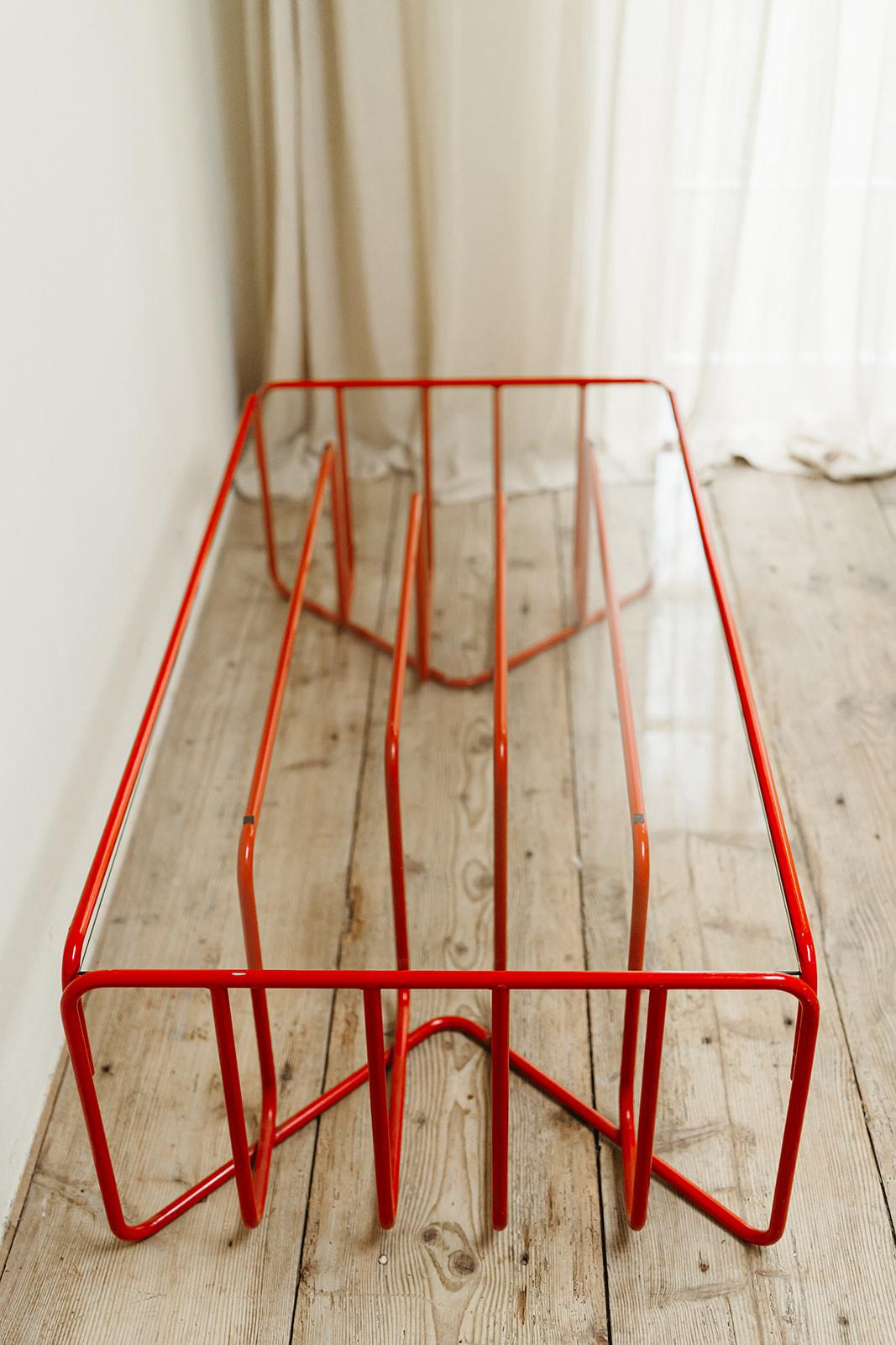 Lacquered 1970's glass topped red coffee table ... For Sale