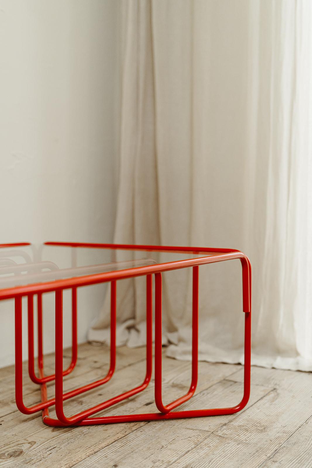Metal 1970's glass topped red coffee table ... For Sale