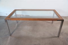 1970s Glass Wood Chrome Dining Table