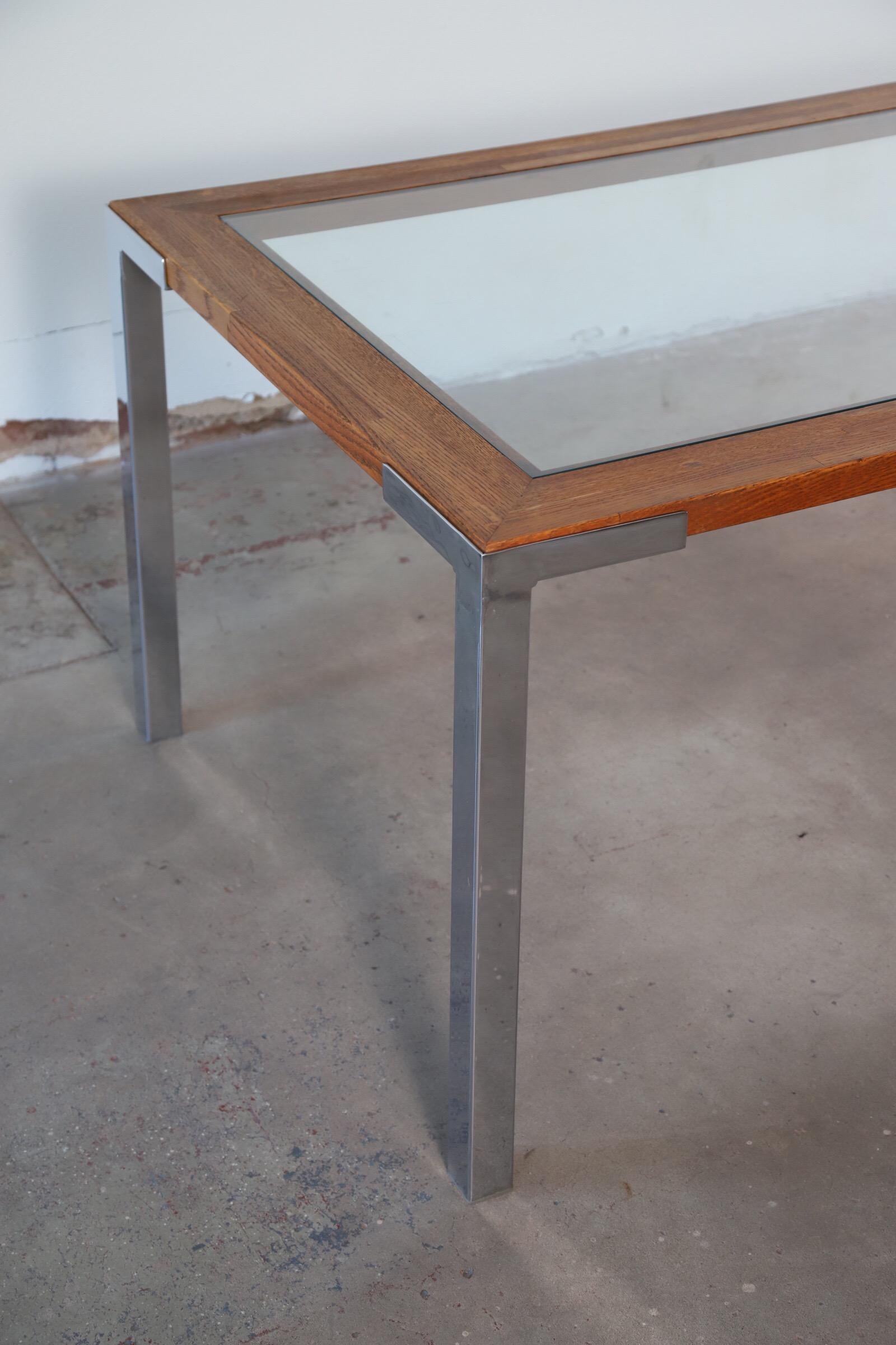 Mid-Century Modern 1970s Glass Wood Chrome Dining Table For Sale