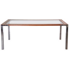 Vintage 1970s Glass Wood Chrome Dining Table