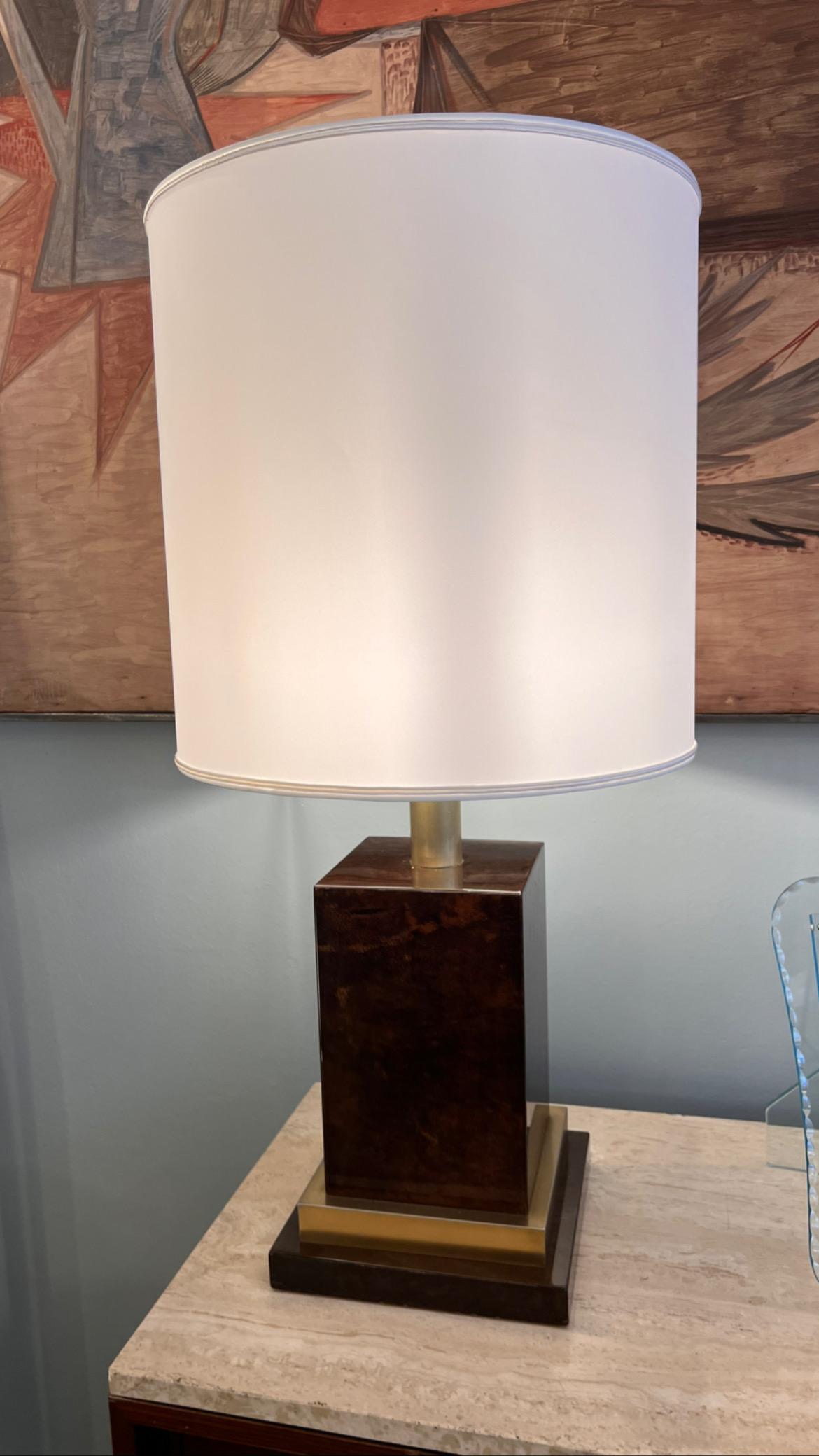 GLAZED PARCHMENT AND BRASS LAMP WITH WHITE SHADE - 1970s - from a Italy - Aldo Tura style. Size base 23 cm x 23 cm x H. 32 cm - with shade H. 80 cm 
Wiring working system.
Great conditions. No restoration. 
Better pictures and video to come.