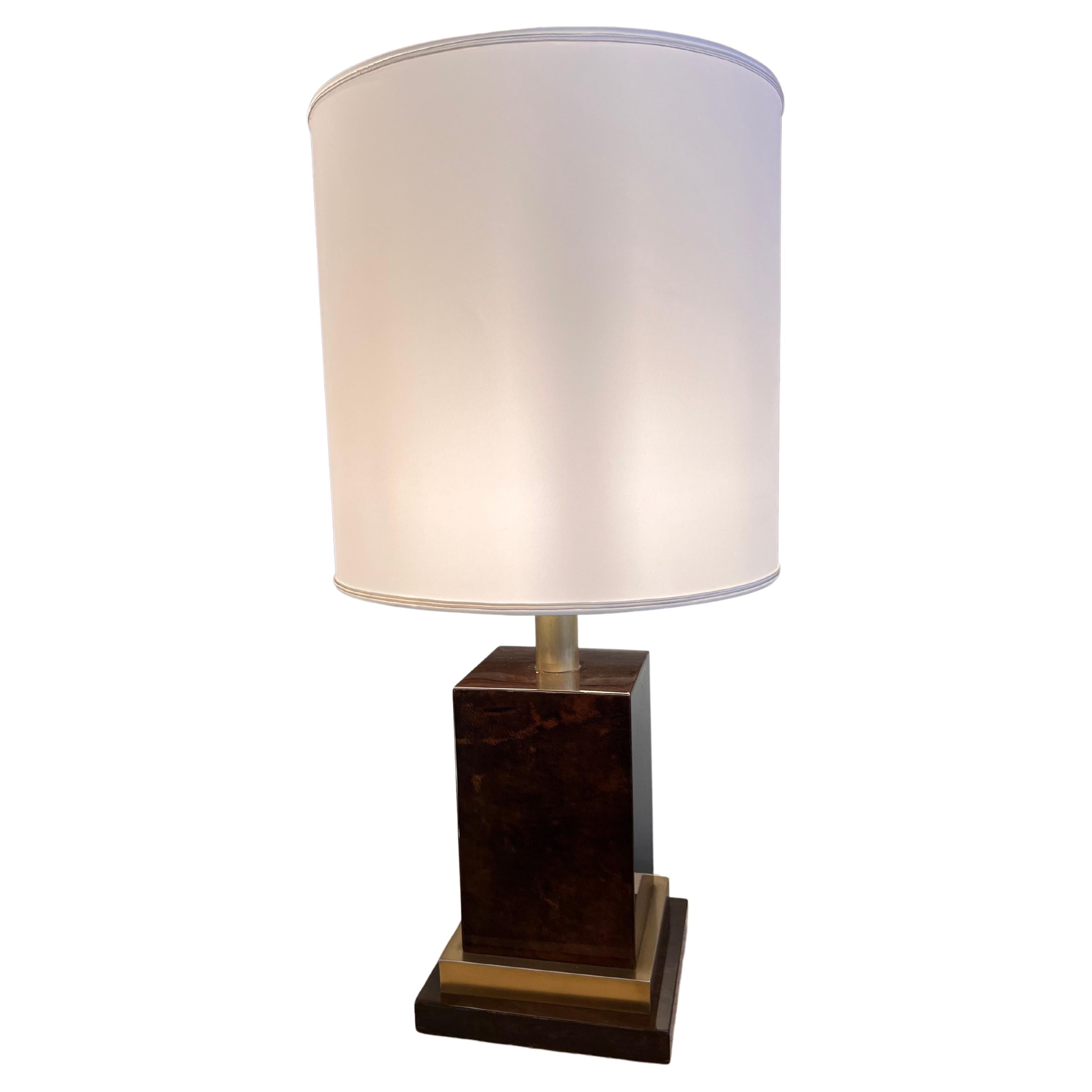 1970s Glazed Brown Parchment Aldo Tura White Lampshade and Brass Table Lamp For Sale