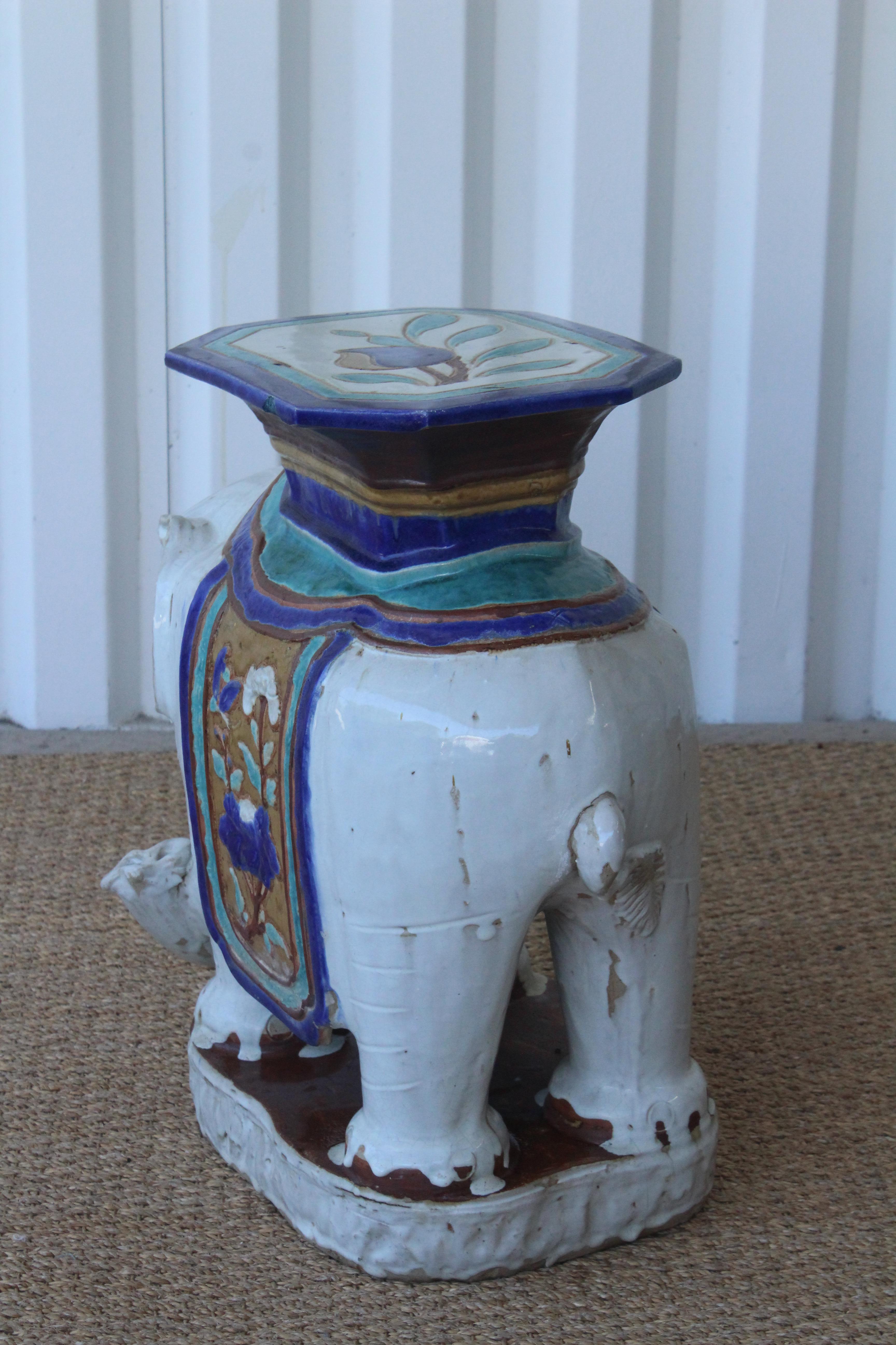 Portuguese 1970s Glazed Ceramic Elephant Garden Stool