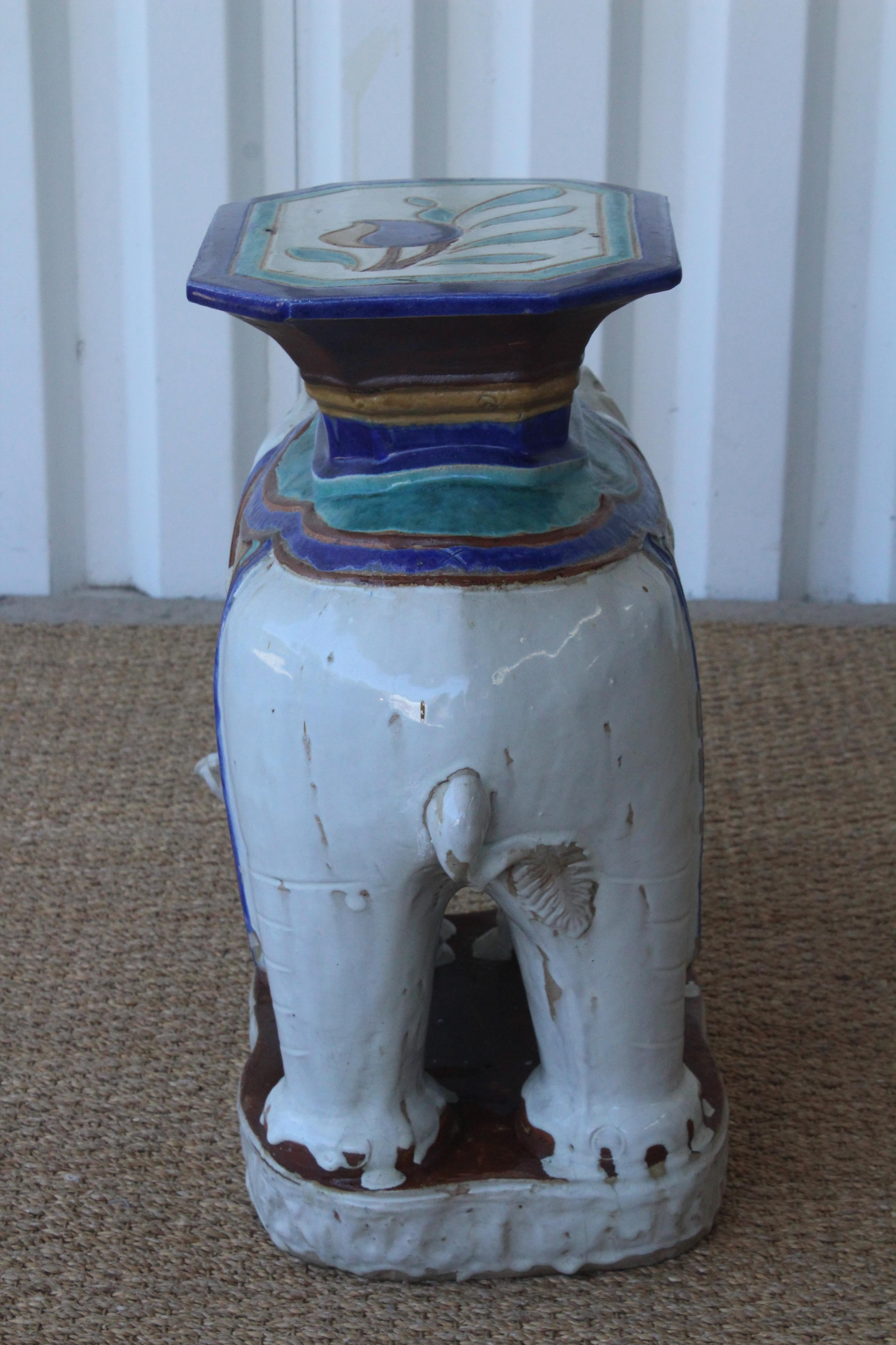 1970s Glazed Ceramic Elephant Garden Stool In Excellent Condition In Los Angeles, CA