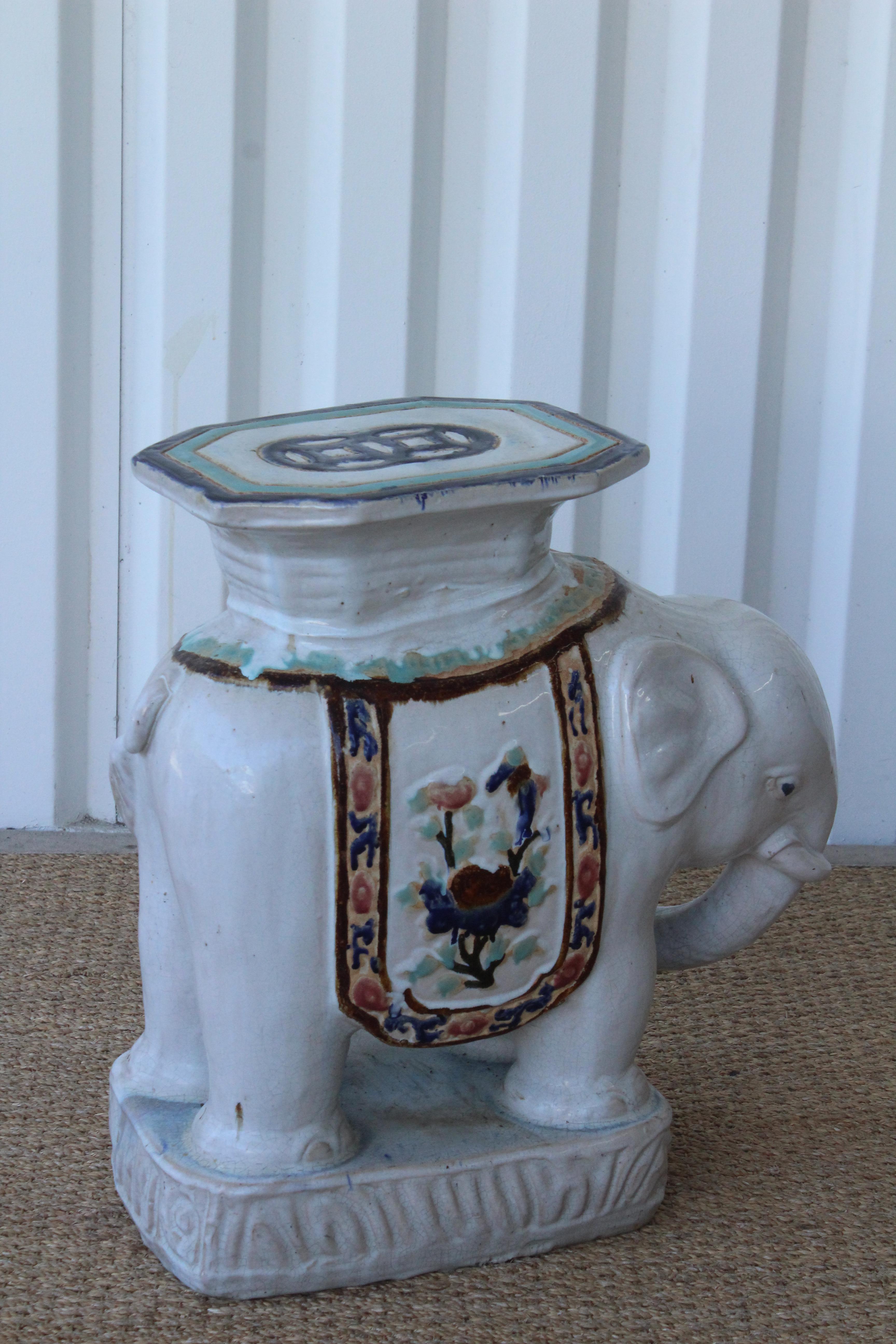 1970s Glazed Ceramic Elephant Garden Stool In Excellent Condition In Los Angeles, CA