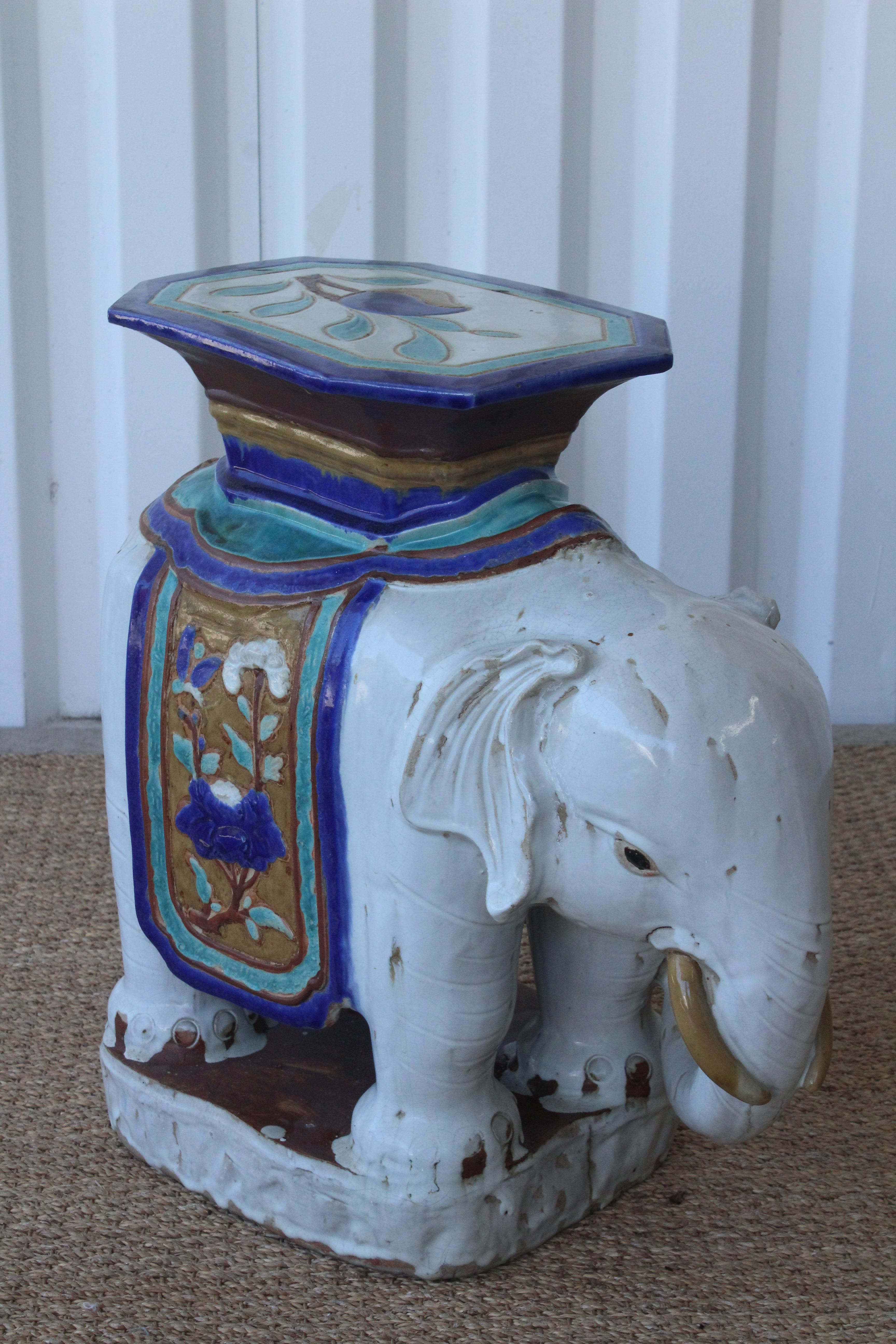 1970s Glazed Ceramic Elephant Garden Stool 1