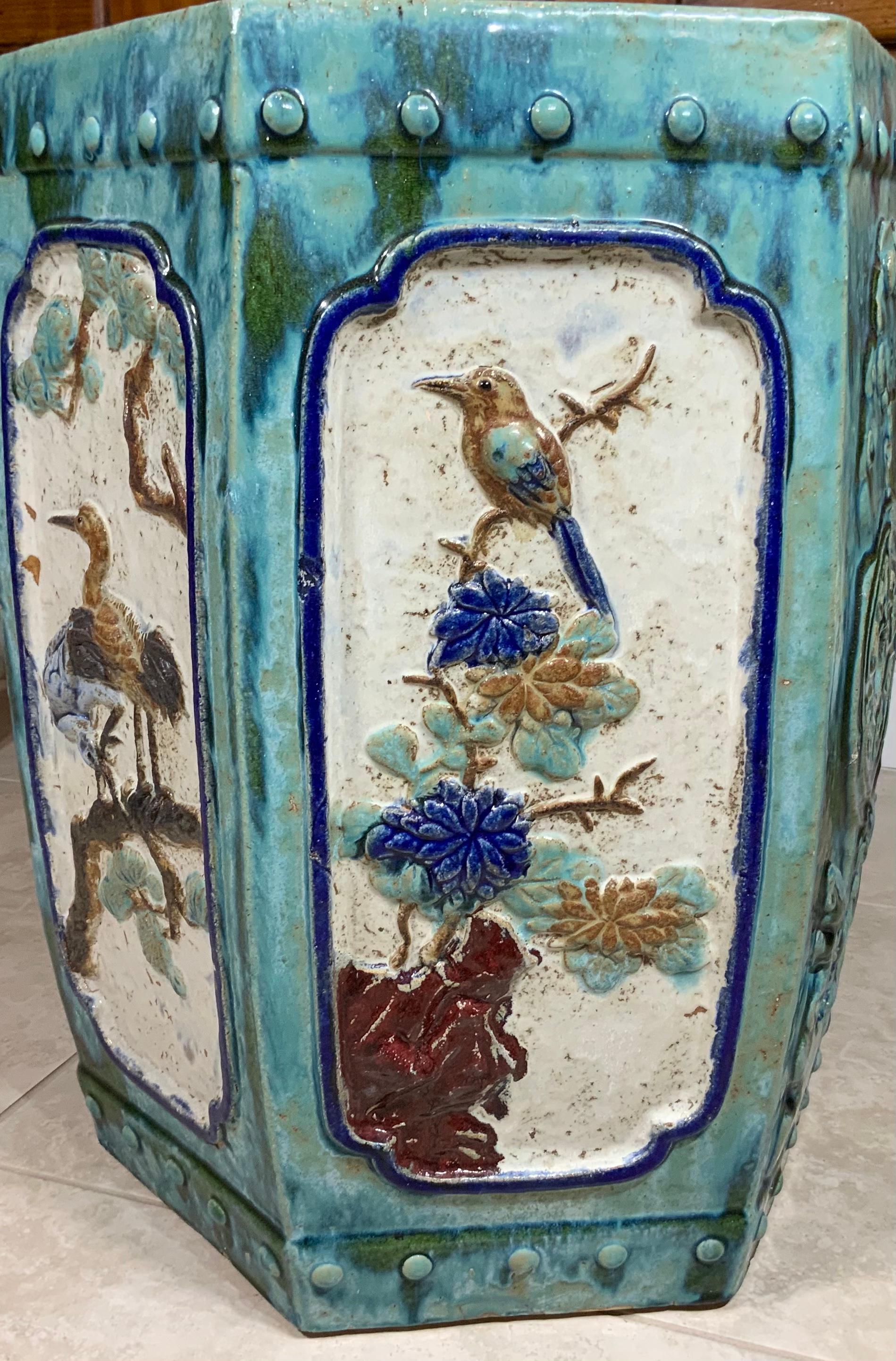 Beautiful six sides garden stool made of ceramic, hand painted and glazed of Garden scenery with flowers and birds. Could use in outdoor garden or indoor as small side table.
Some light imperfections due to baking process, see photos, structurally