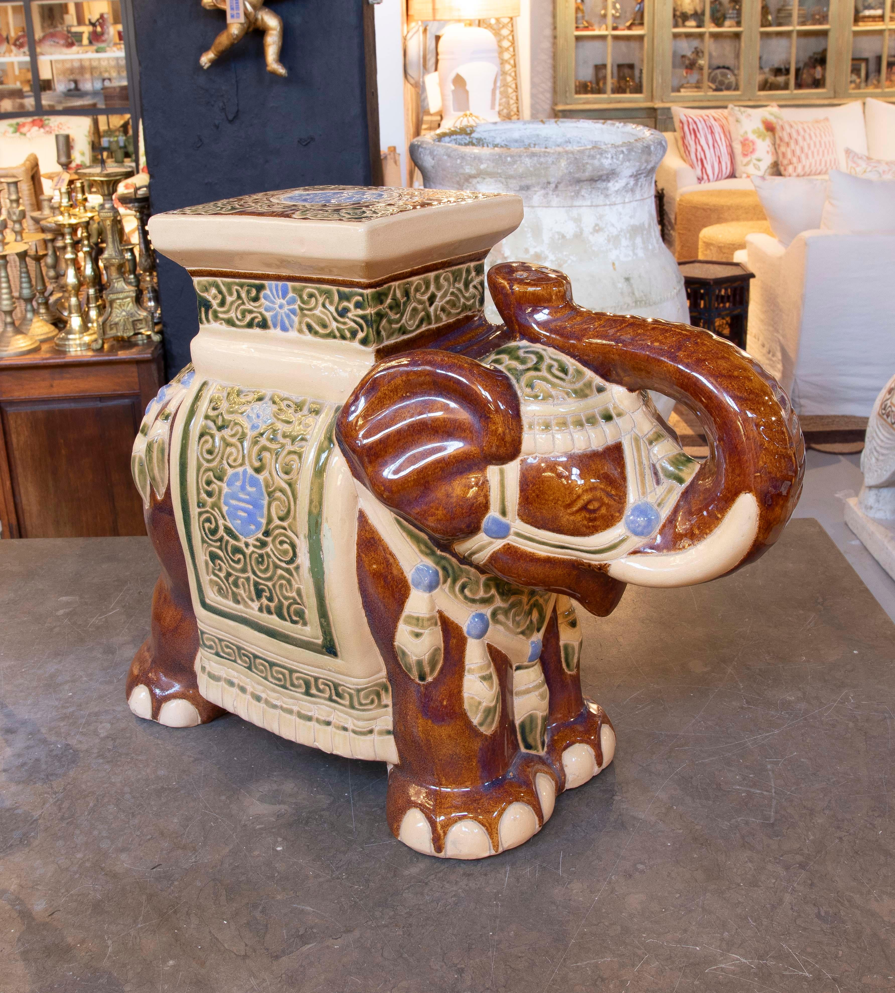1970s Glazed Ceramic Side table in the Shape of an Elephant 