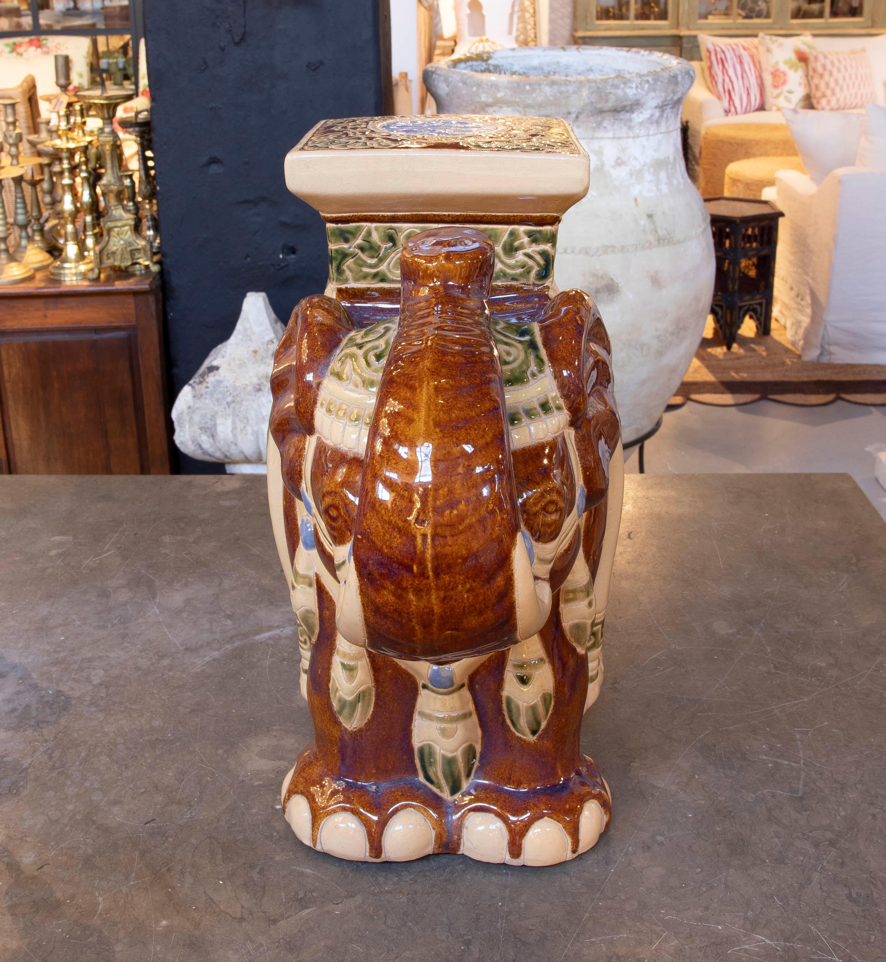 Spanish 1970s Glazed Ceramic Side table in the Shape of an Elephant