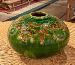 1970s Glazed Ceramic Vase in Green Tone with Brown Flowers