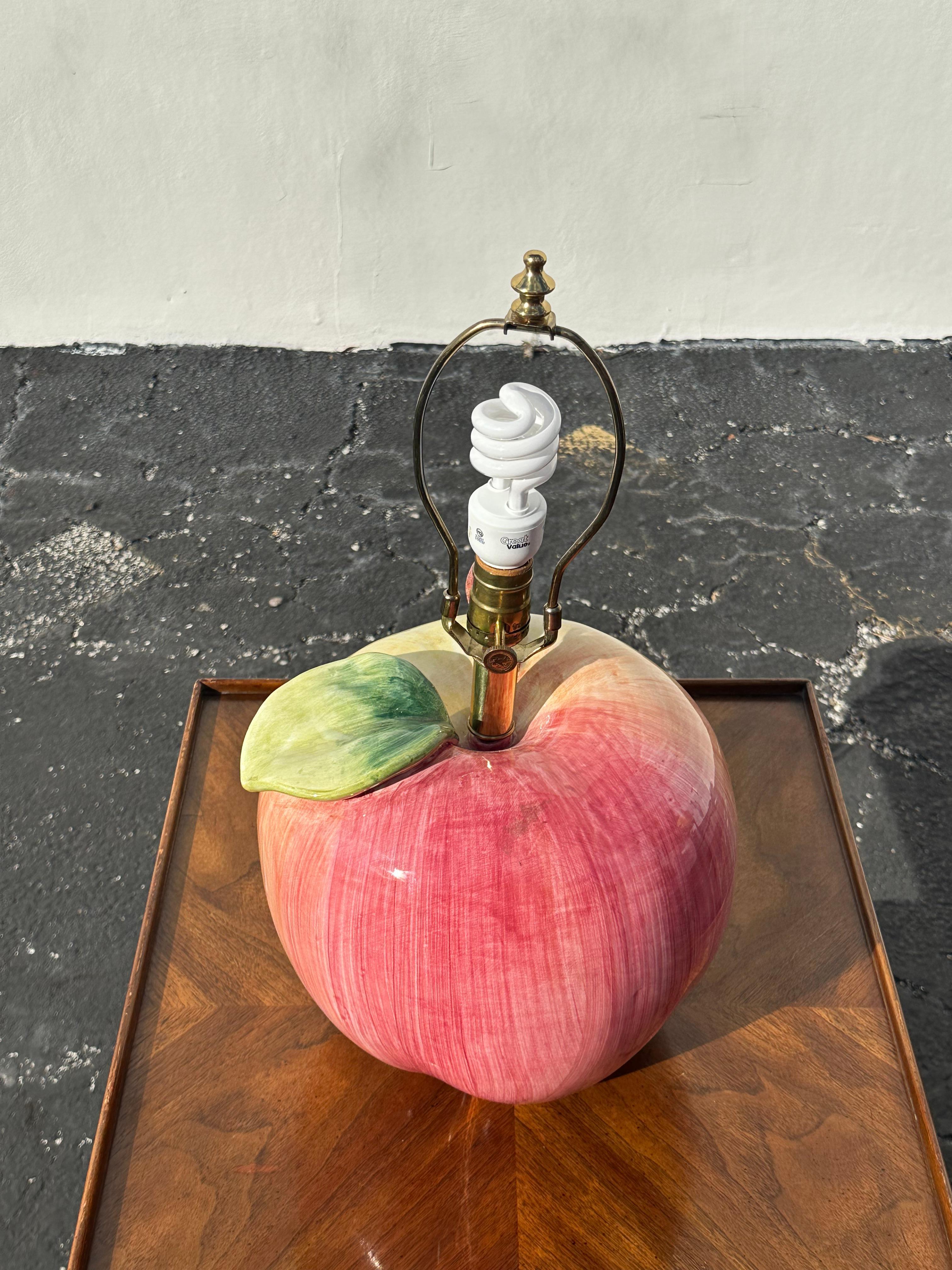 1970s Glazed Hand PaInted Sarreid Ltd. Ceramic Apple Lamps, Set of 2 5