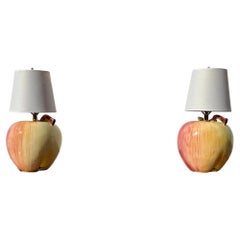 1970s Glazed Hand PaInted Sarreid Ltd. Ceramic Apple Lamps, Set of 2