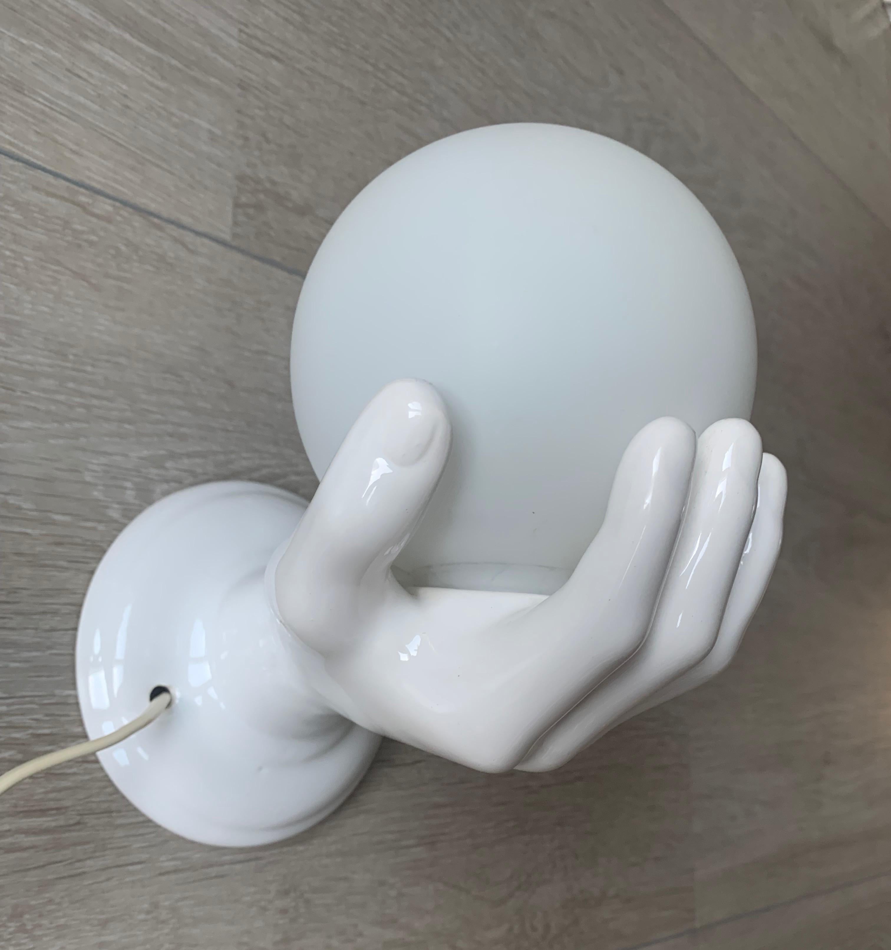 1970s Glazed White Ceramic Hand Holding a Glass Globe Wall Sconce or Wall Light 4